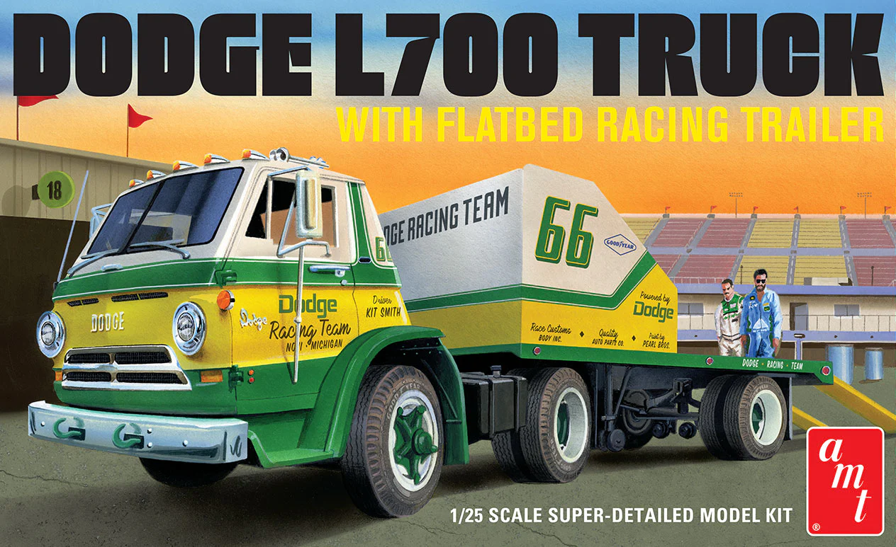 AMT 1966 Dodge L700 Truck w/Flatbed Racing Trailer 1:25 Scale Model Kit - Image 7