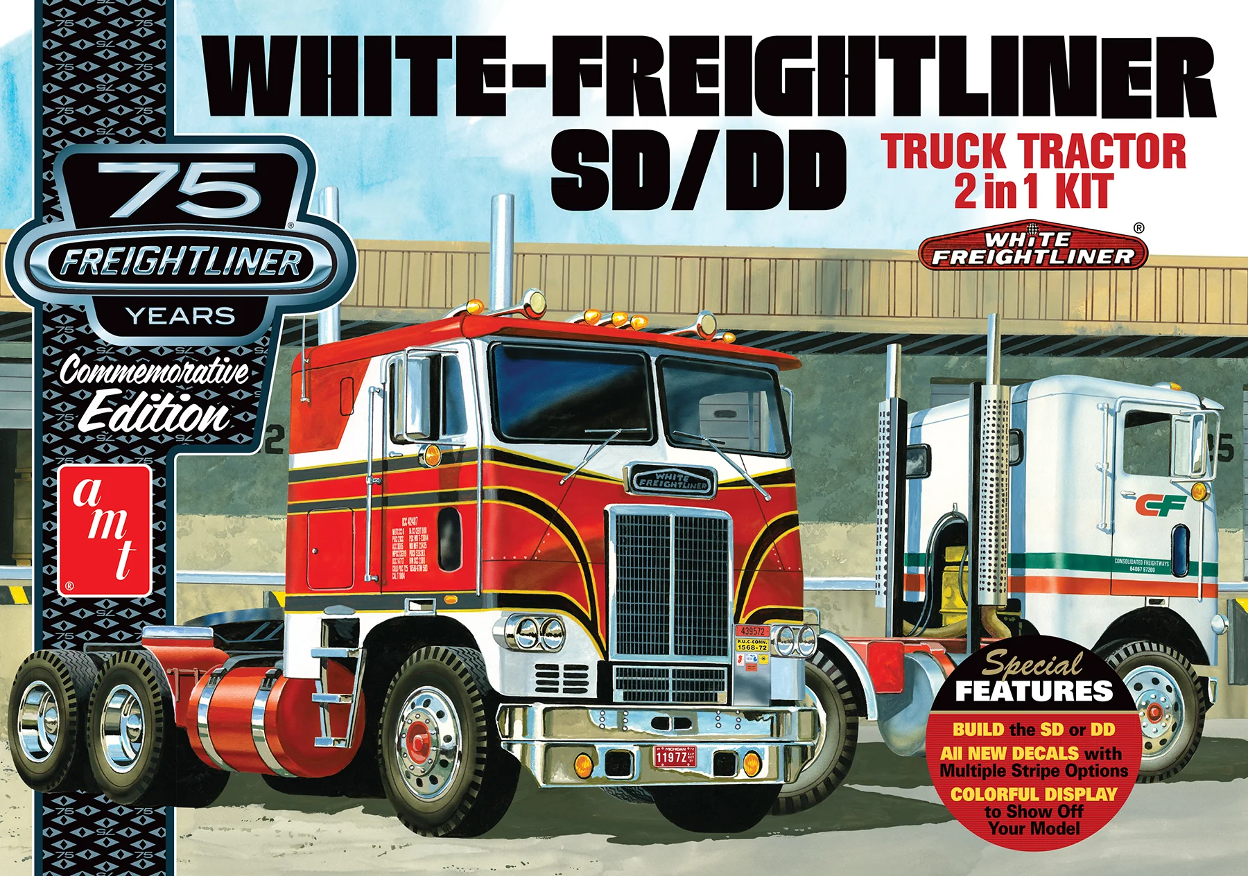 AMT White Freightliner 2-in-1 SD-DD Cabover Tractor (75th Anniversary) 1:25 Scale Model Kit - Image 5