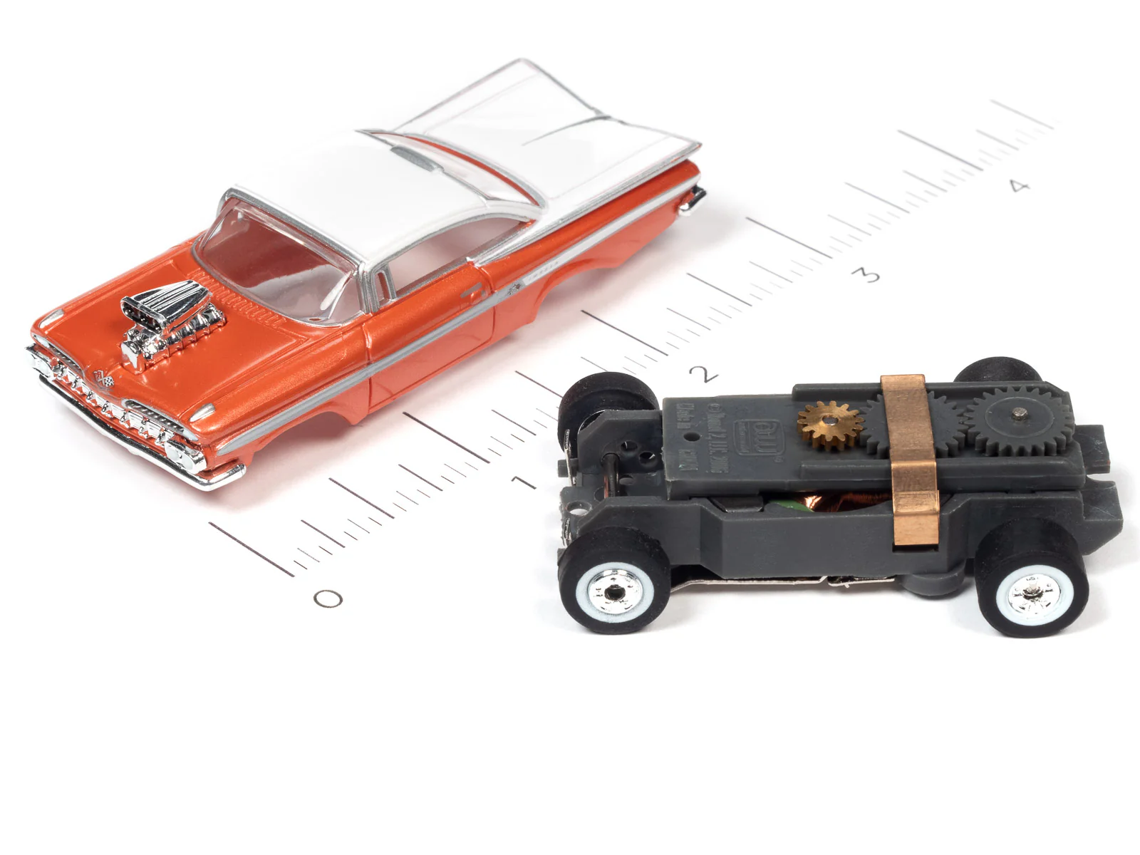 Auto World Thunderjet 1959 Chevrolet Impala Street Rod w/Blower (Orange) HO Scale Slot Car - Image 3