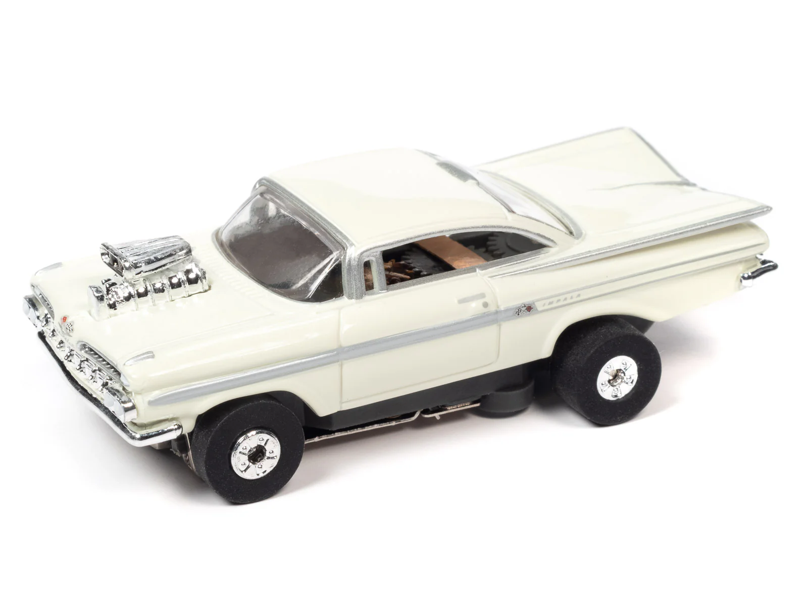 Auto World Thunderjet 1959 Chevrolet Impala Street Rod w/Blower (White) HO Scale Slot Car - Image 2