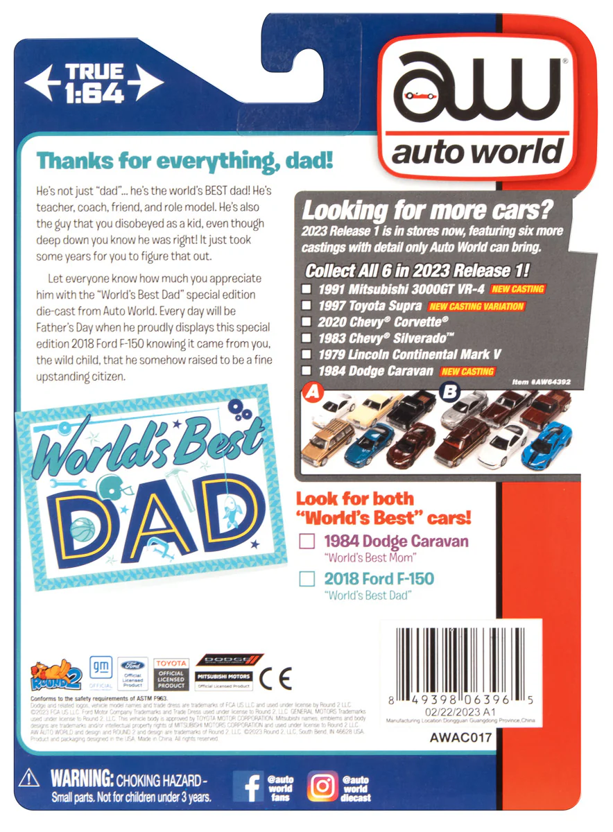 Auto World Worlds Best Dad 2018 Ford F150 Lariat Pickup Truck w/Base & Trading Card (Red) 1:64 Scale Diecast - Image 6