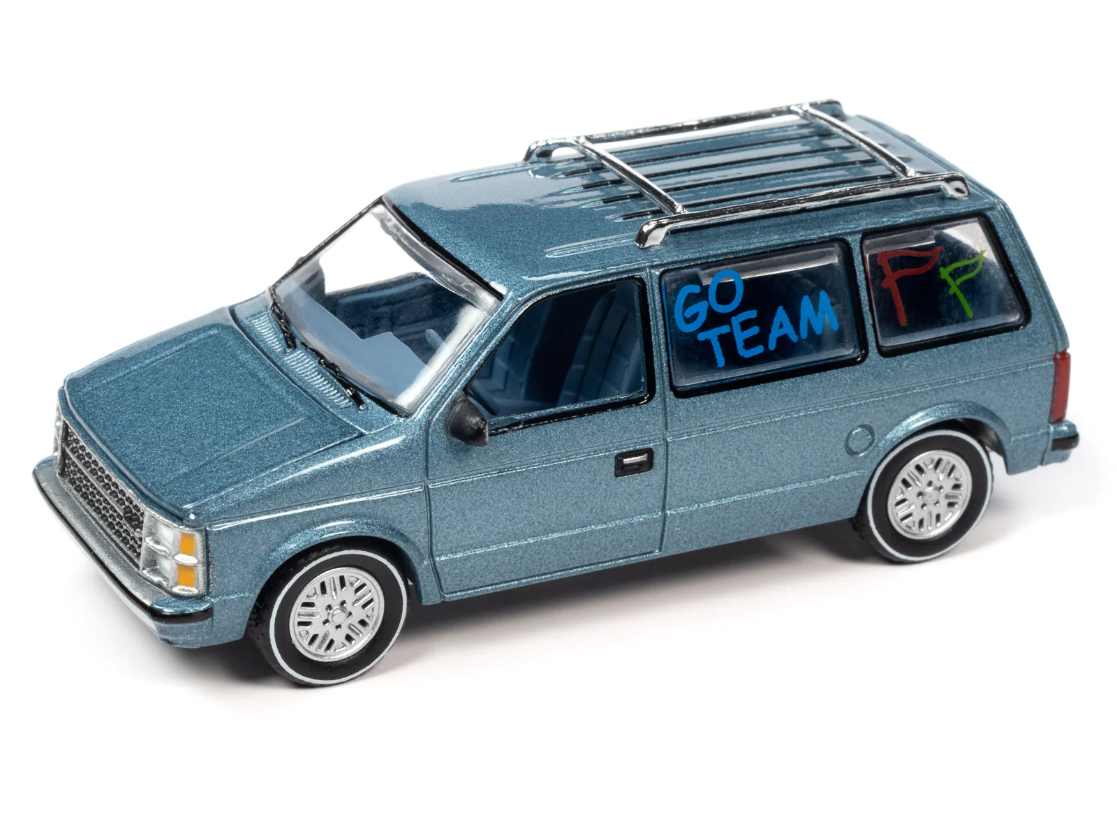 Auto World Worlds Best Mom 1984 Dodge Caravan w/Base & Trading Card (Silver/Blue) 1:64 Scale Diecast - Image 3