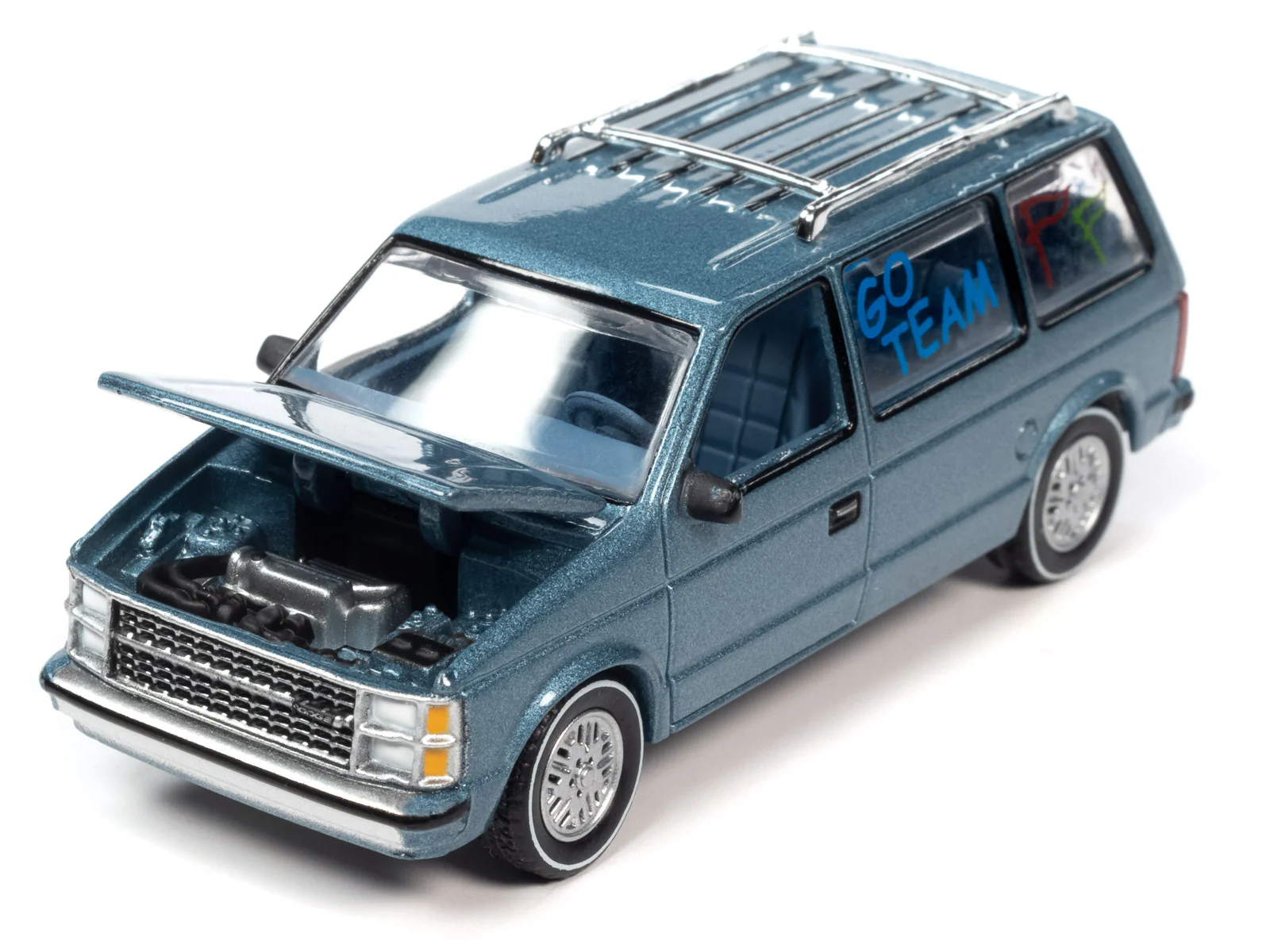 Auto World Worlds Best Mom 1984 Dodge Caravan w/Base & Trading Card (Silver/Blue) 1:64 Scale Diecast - Image 6
