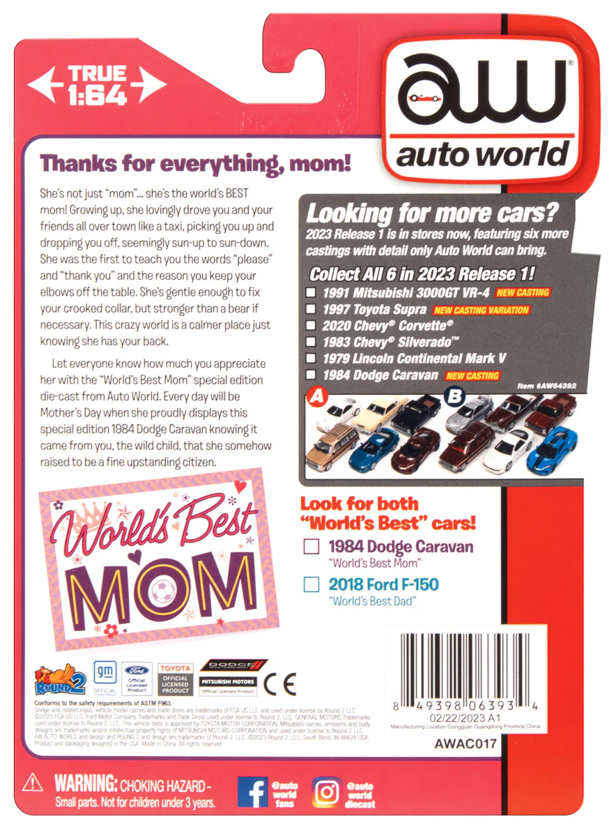 Auto World Worlds Best Mom 1984 Dodge Caravan w/Base & Trading Card (Silver/Blue) 1:64 Scale Diecast - Image 7