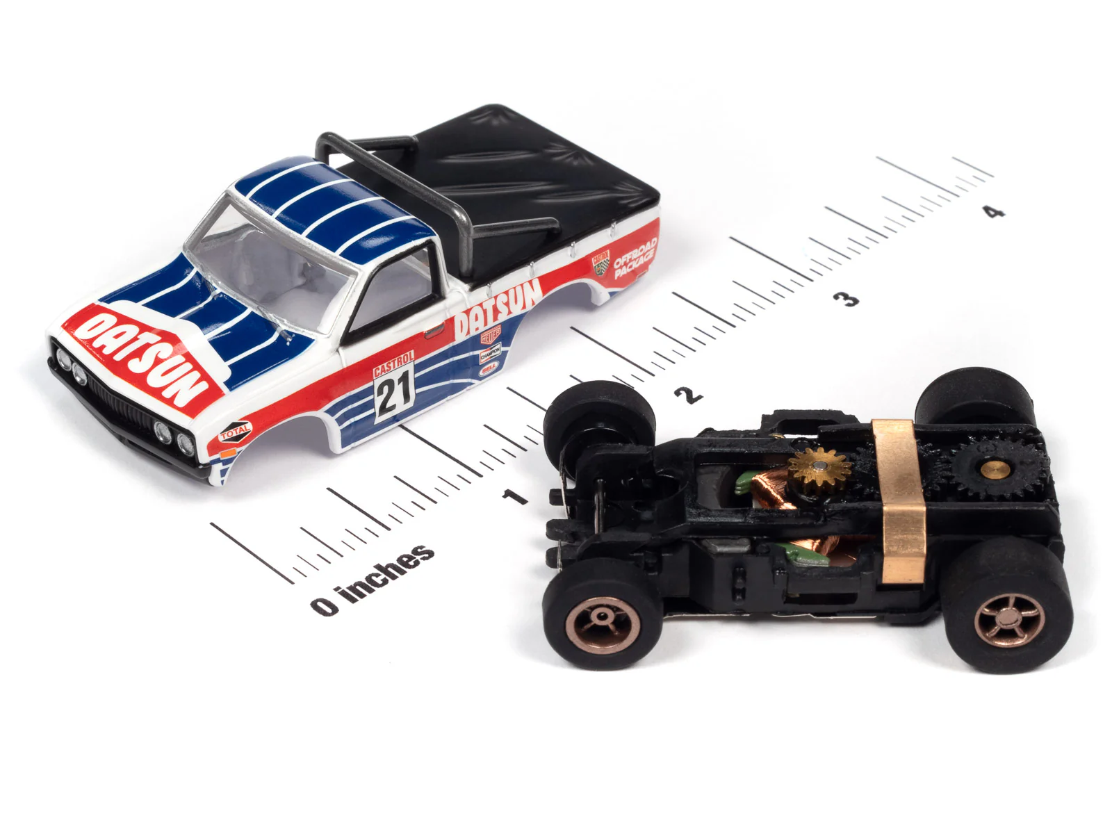 Auto World Xtraction 1975 Datsun 620 Pickup Truck (Red, White, Blue) HO Slot Car - Image 3