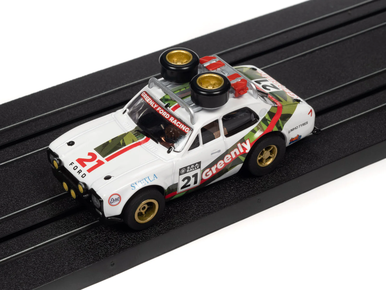 Auto World Xtraction 1975 Ford Escort w/Roof Rack (White, Geen) HO Slot Car - Image 4