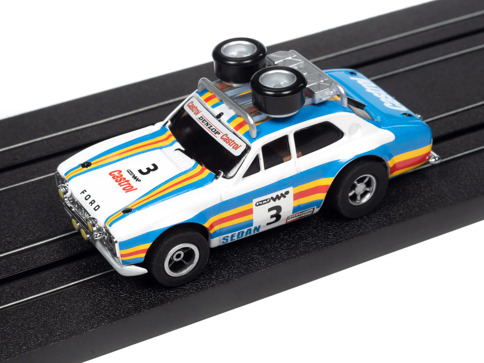 Auto World Xtraction 1975 Ford Rally Escort (blue,orange,white) HO Scale Slot Car - Image 4
