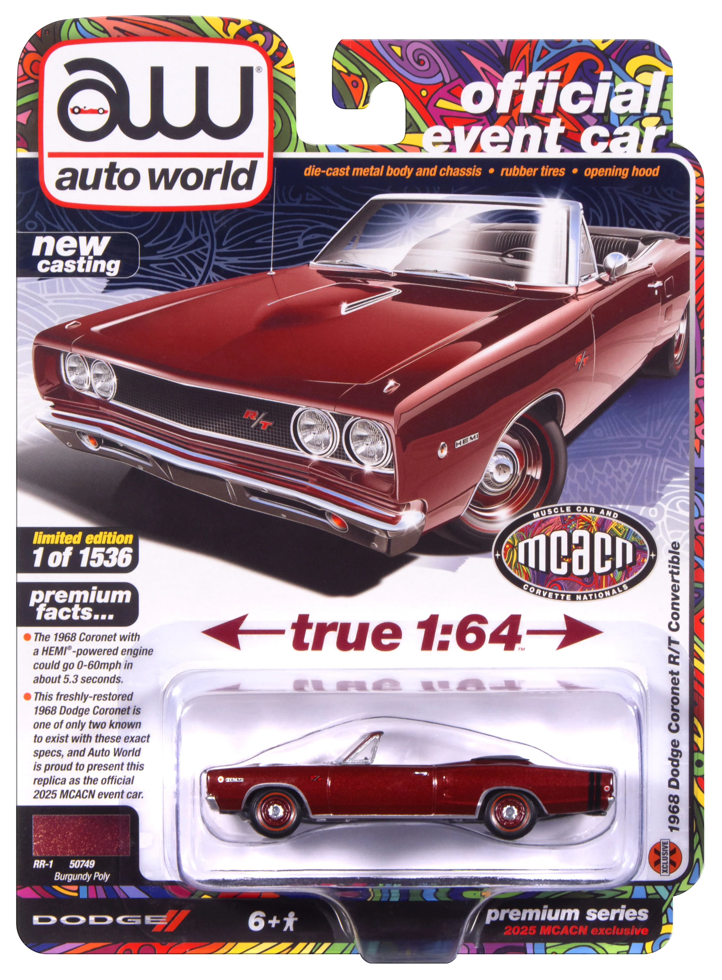 Auto World 1968 Dodge Coronet R/T Convertible (2025 MCACN Event Car) 1:64 Diecast