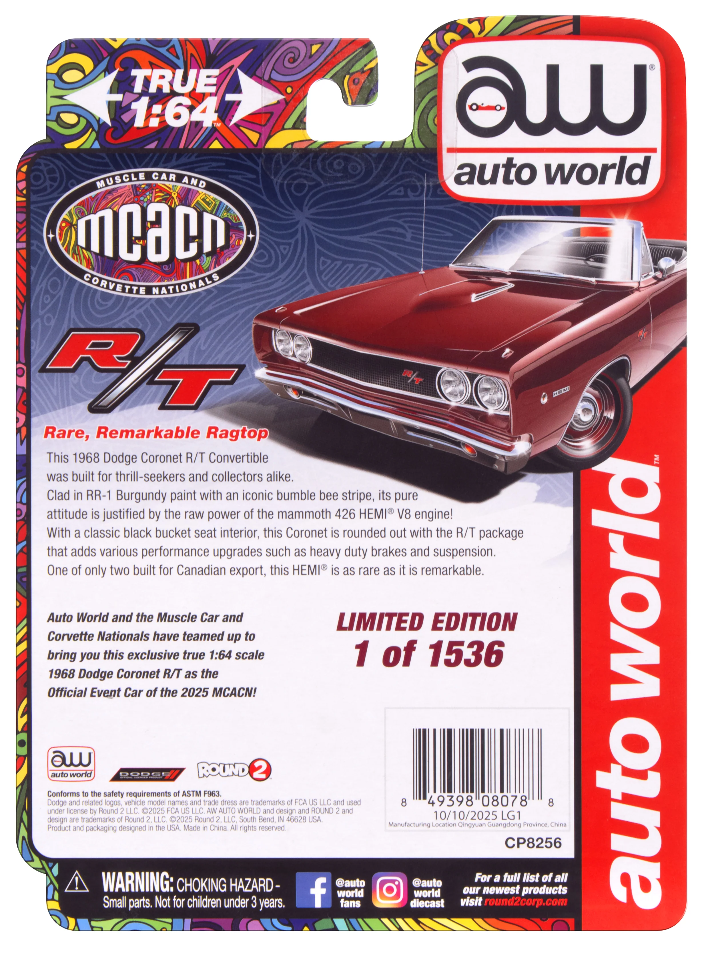 Auto World 1968 Dodge Coronet R/T Convertible (2025 MCACN Event Car) 1:64 Diecast - Image 8