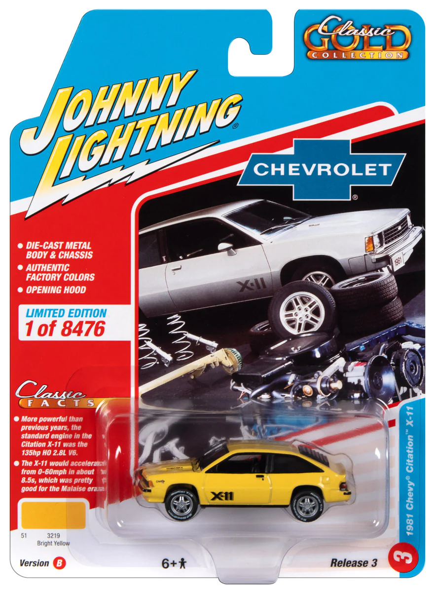 Johnny Lightning Classic Gold 1981 Chevrolet Citation X-11 (Bright Yellow) 1:64 Scale Diecast