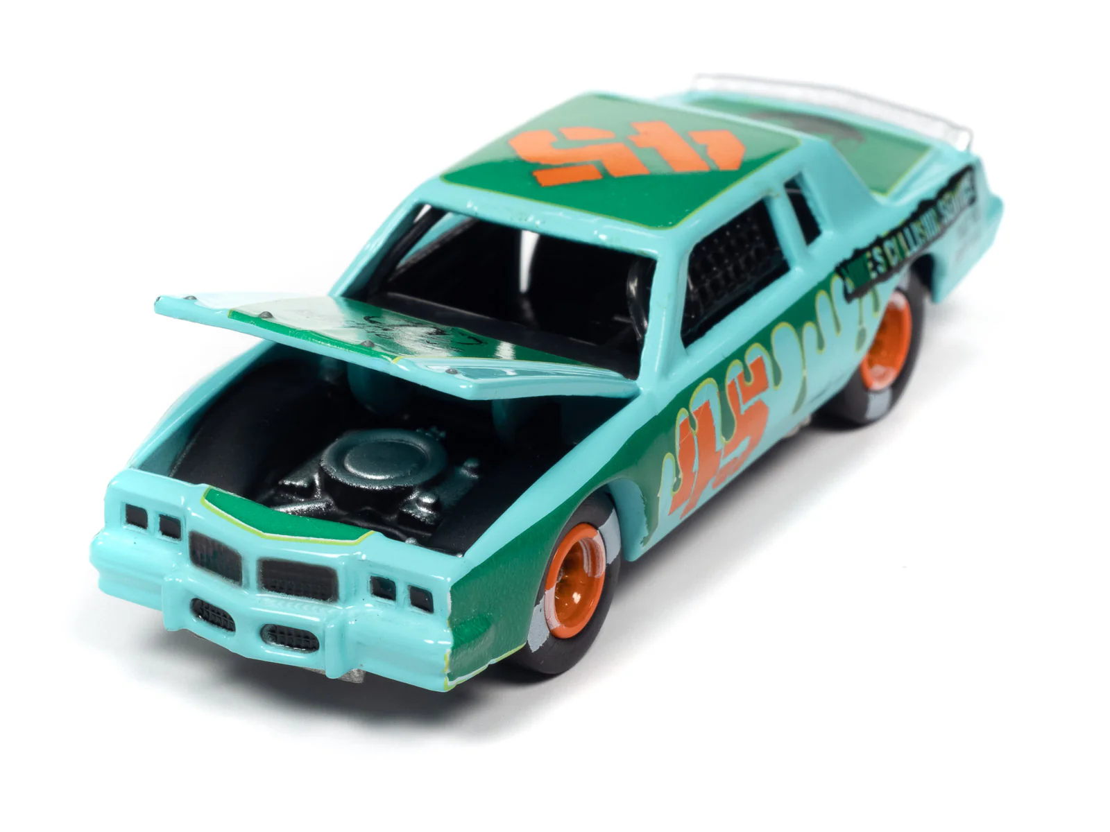Johnny Lightning Street Freaks 1982 Pontiac Grand Prix Stock Car (Demolition Derby) ( Light Blue w/Green Graphics) 1:64 Scale Diecast - Image 3