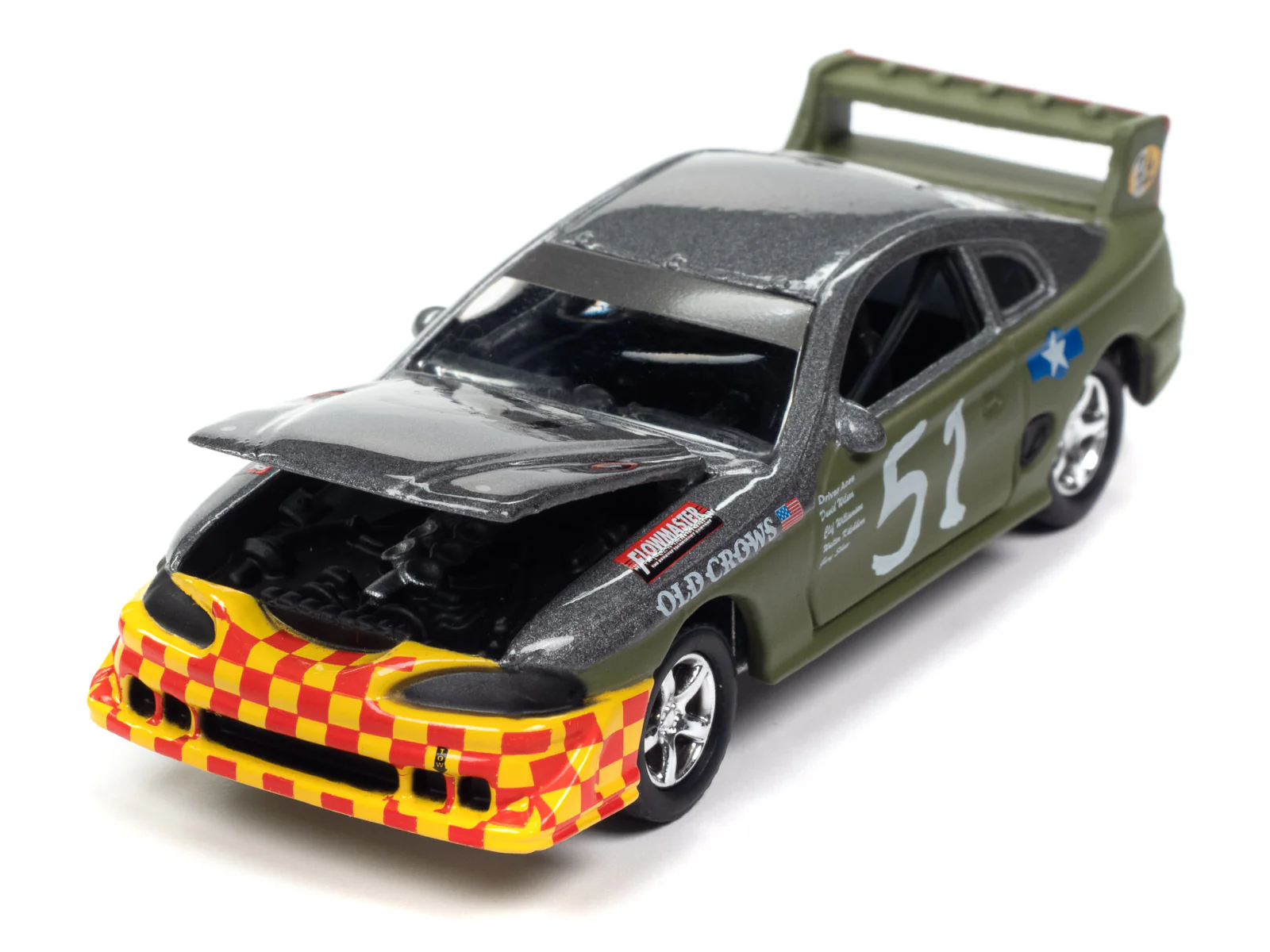 Johnny Lightning Street Freaks 1990s Ford Mustang Race Car (24hrs of LeMons) (Dark Silver/Army Green, Old Crows Graphics) 1:64 Scale Diecast - Image 3
