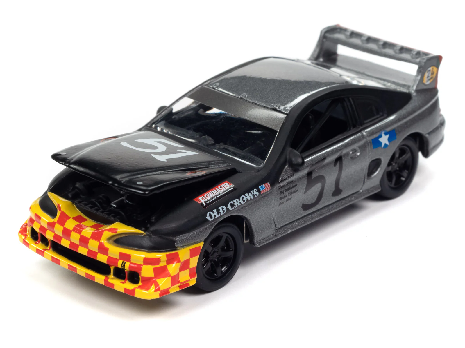 Johnny Lightning Street Freaks 1990s Ford Mustang Race Car (24hrs of LeMons) (Flat Black/Dark Silver, Old Crows Graphics) 1:64 Scale Diecast - Image 3