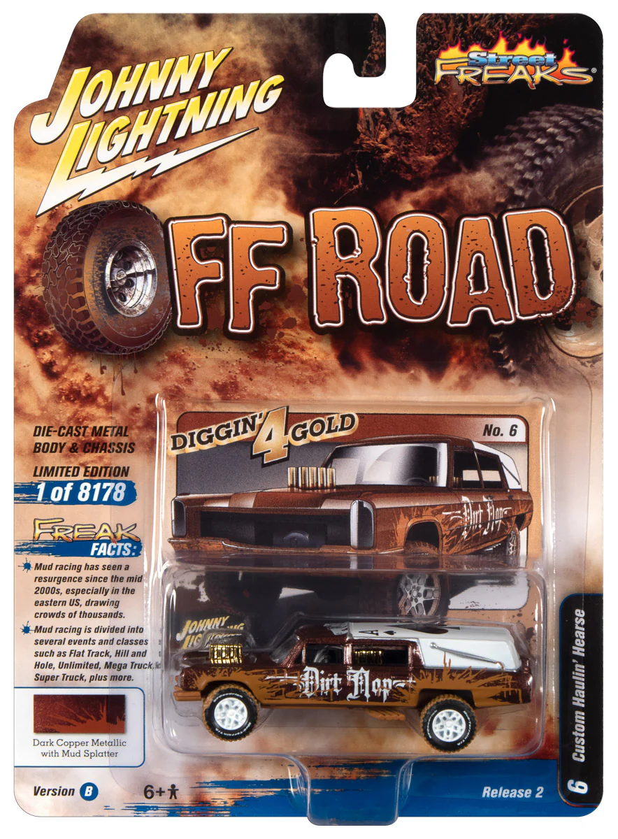 Johnny Lightning Street Freaks Haulin' Hearse (Off Road) (Copper Metallic, White Roof w/Mud) 1:64 Scale Diecast