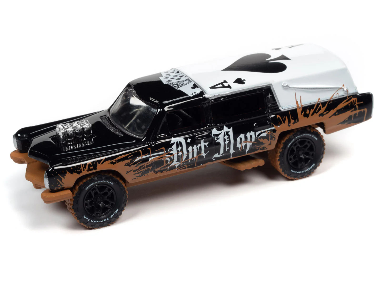Johnny Lightning Street Freaks Haulin' Hearse (Off Road) (Gloss Black, White Roof w/Mud) 1:64 Scale Diecast - Image 2