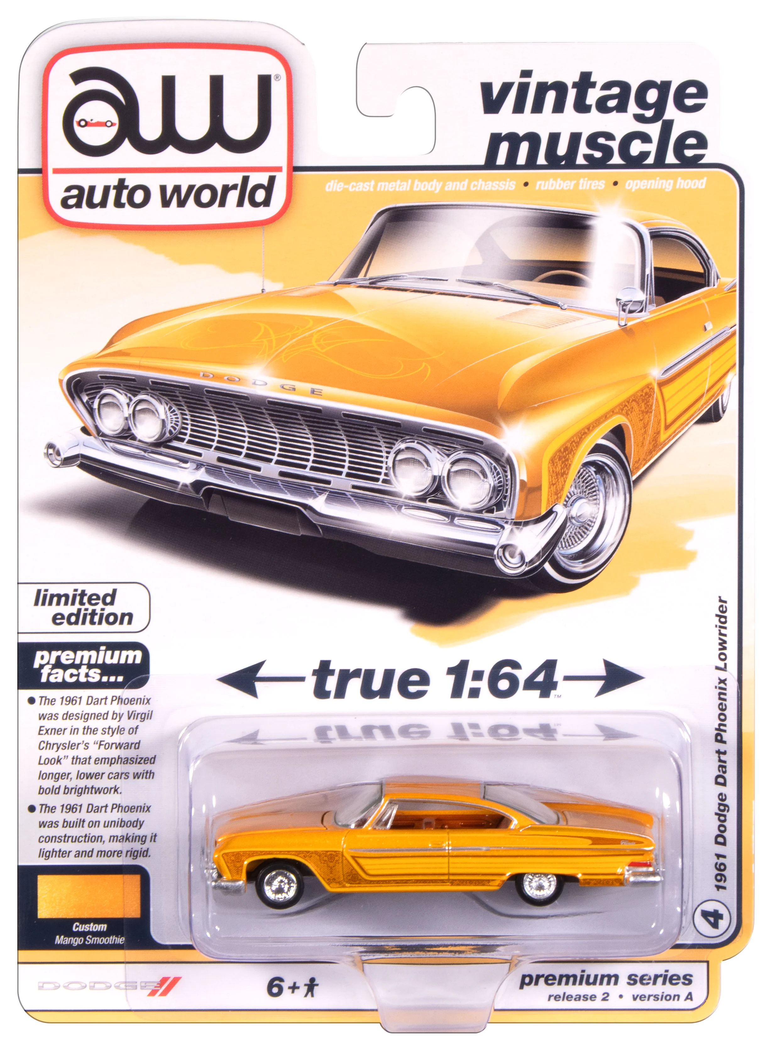 Auto World 1961 Dodge Phoenix Lowrider (Mango Smoothie Metallic w/ Lowrider Graphics) 1:64 Diecast