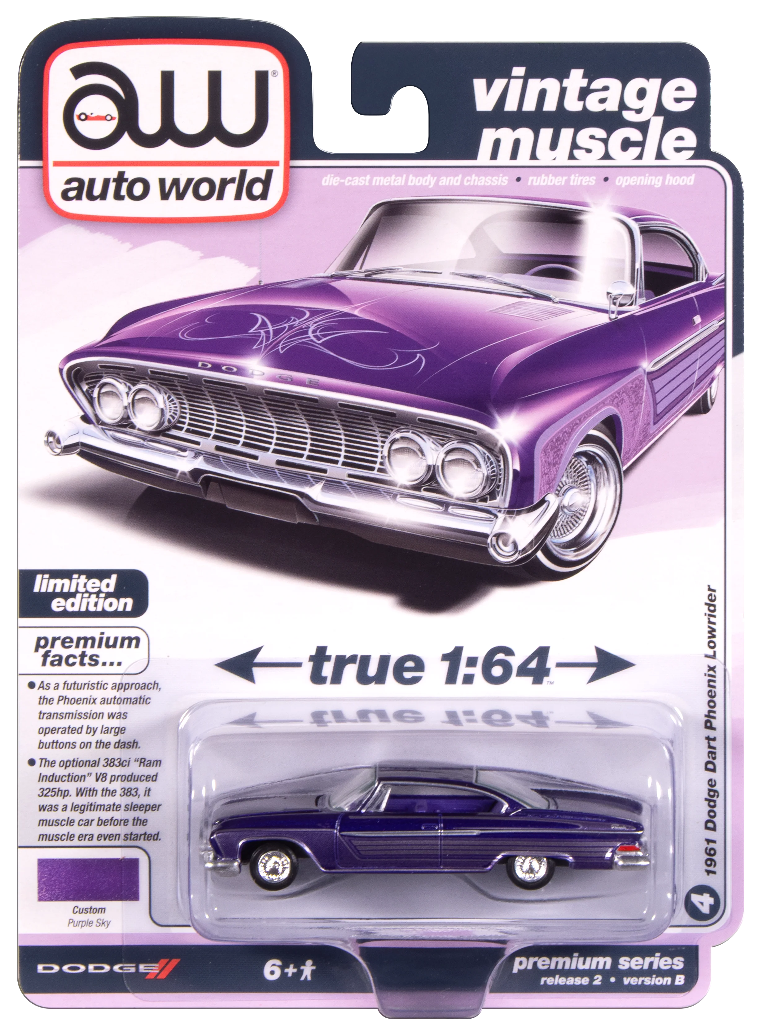 Auto World 1961 Dodge Phoenix Lowrider (Purple Sky Metallic w/ Lowrider Graphics) 1:64 Diecast