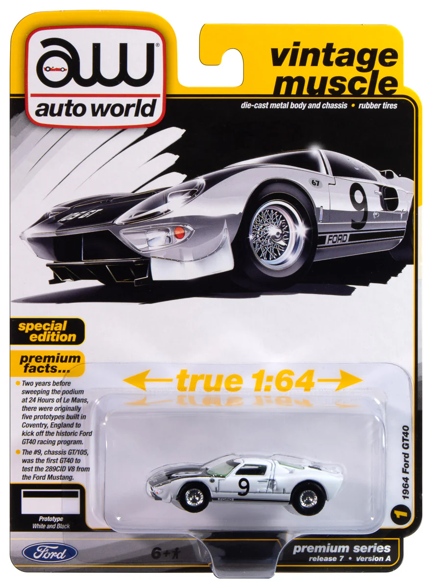 Auto World 1964 Ford GT40 (Gloss White w/Black Upper Front) 1:64 Diecast