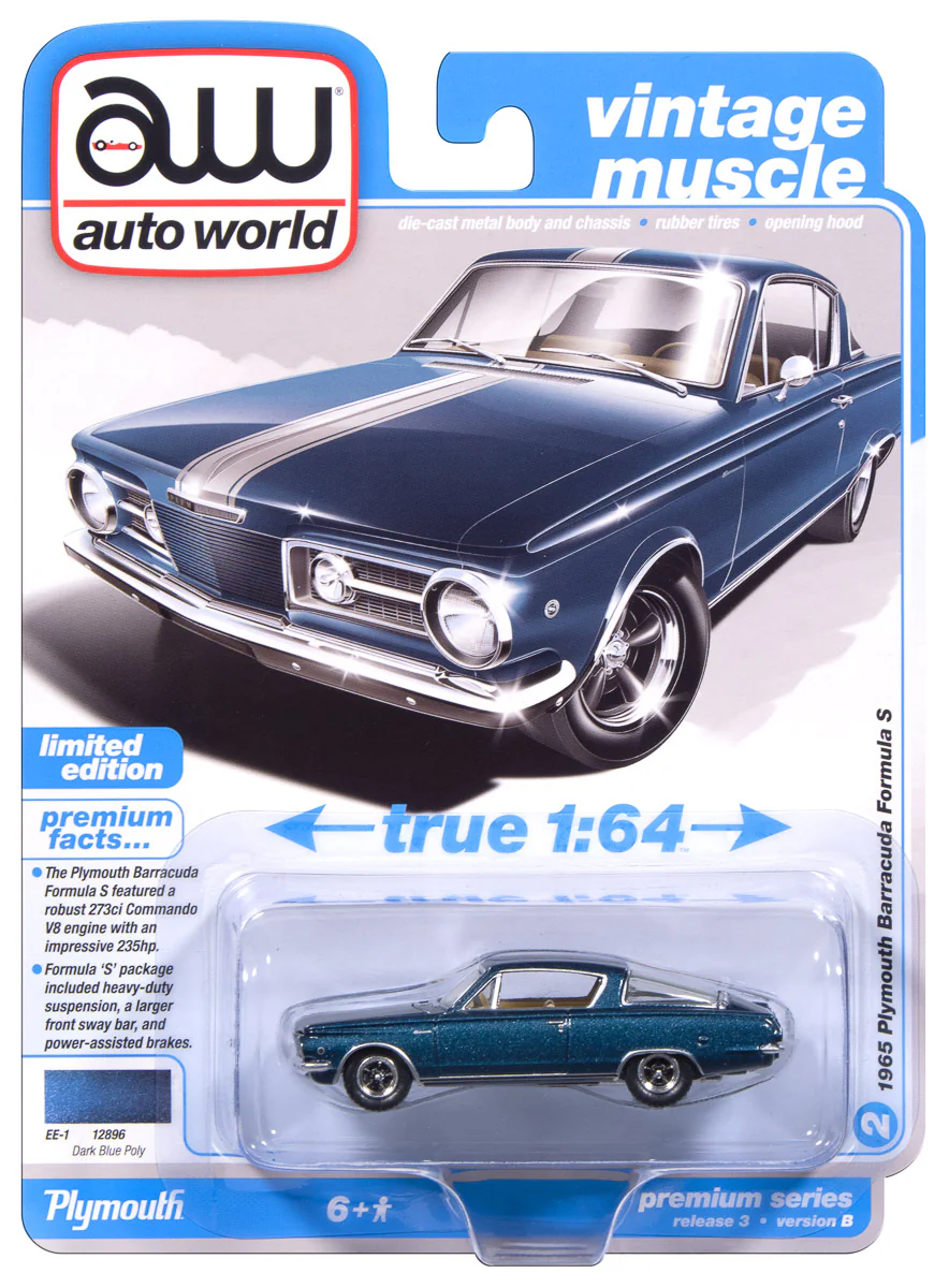 Auto World 1965 Plymouth Barracuda Formula S (Dark Blue Poly w/Silver Stripe) premium 2025 release 3 1:64 Diecast