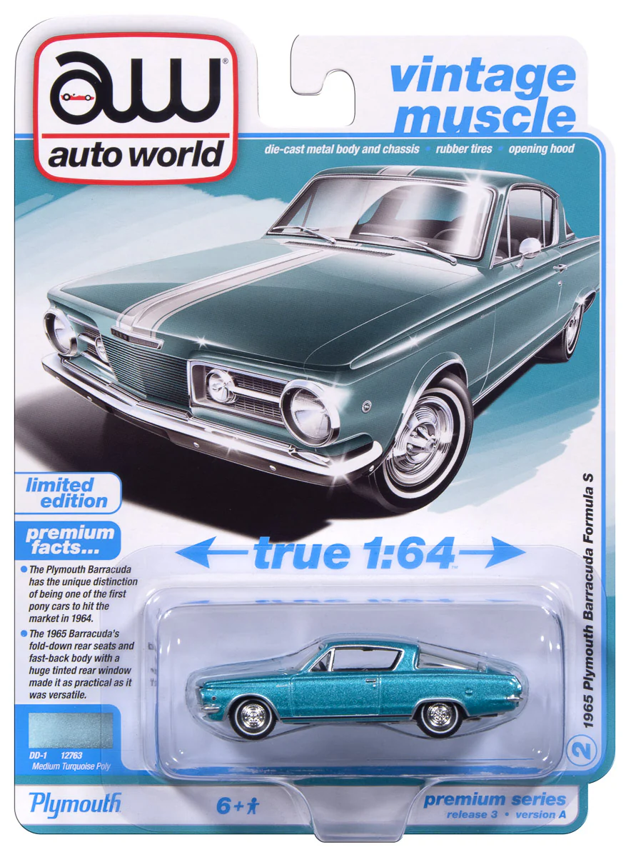 Auto World 1965 Plymouth Barracuda Formula S (Medium Turquoise Poly w/White Stripe) premium 2025 release 3 1:64 Diecast