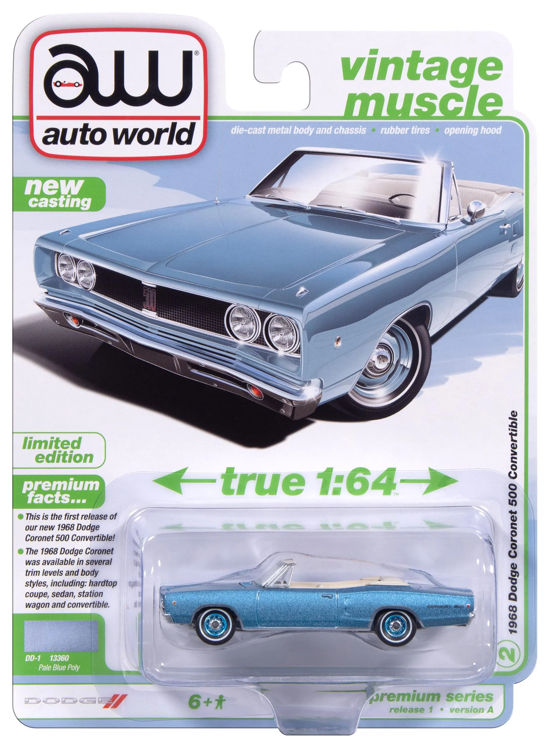 Auto World 1968 Dodge Coronet 500 Convertible (Pale Blue Poly) 1:64 Diecast