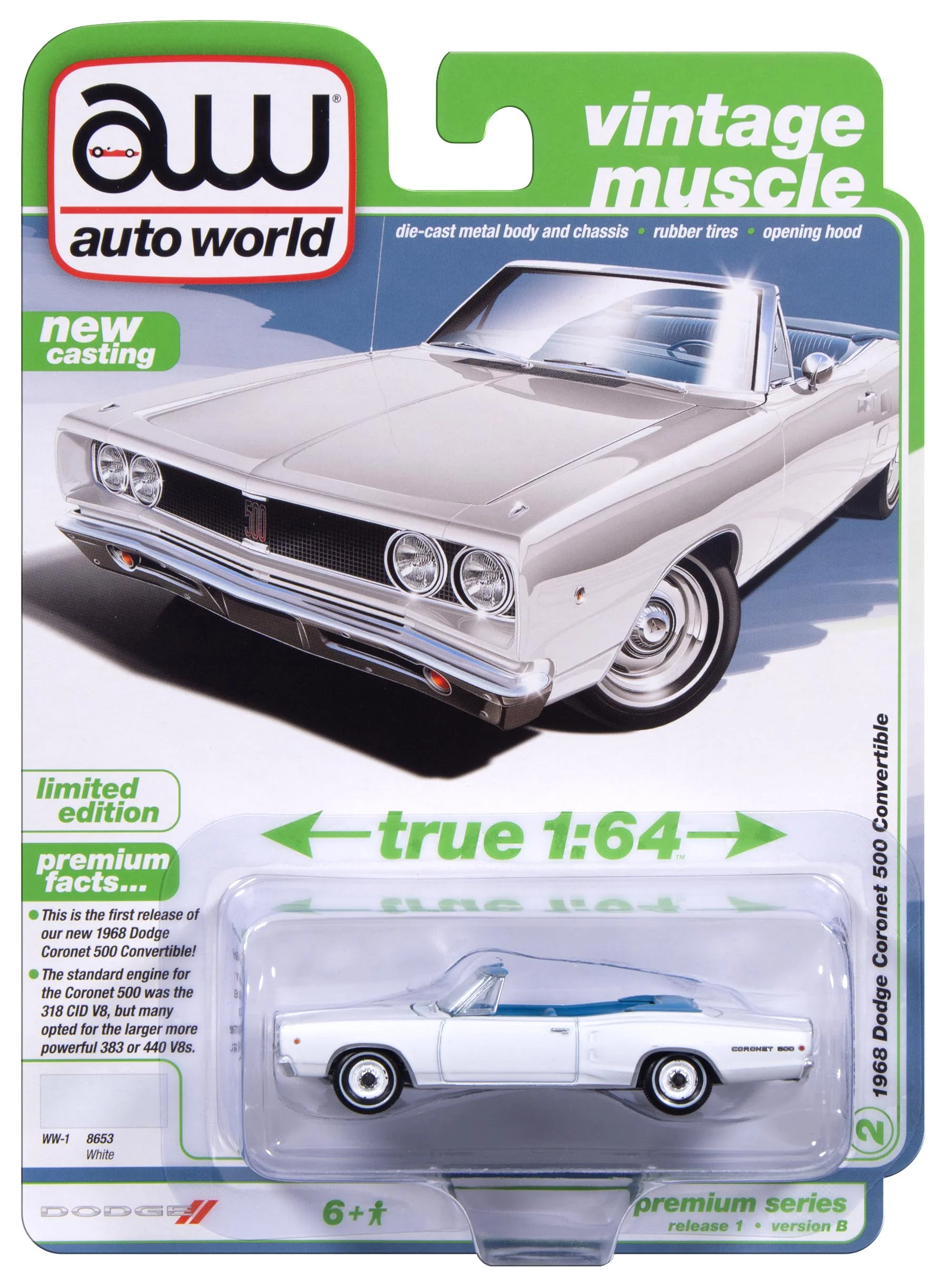 Auto World 1968 Dodge Coronet 500 Convertible (White) 1:64 Diecast