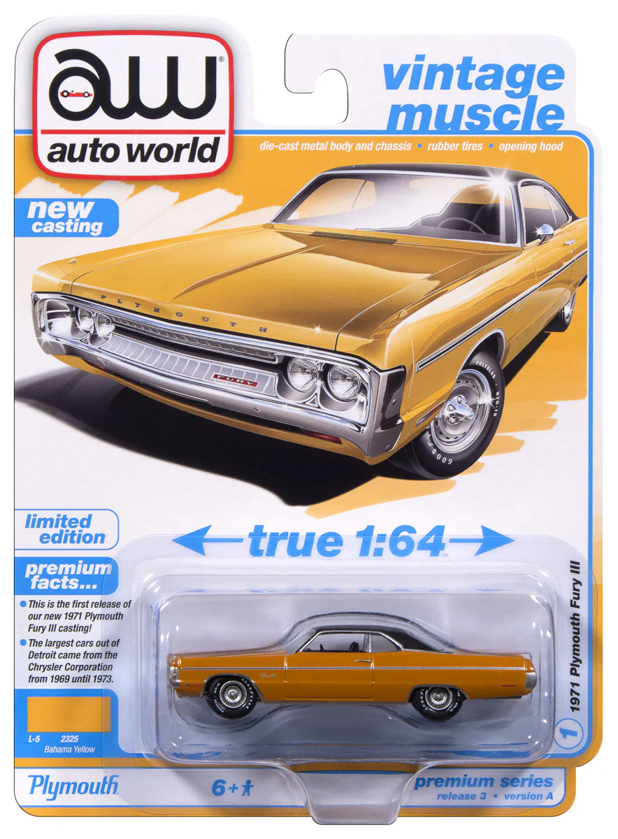 Auto World 1971 Plymouth Fury III (Bahama Yellow) Premium 2025 release 3 1:64 Diecast
