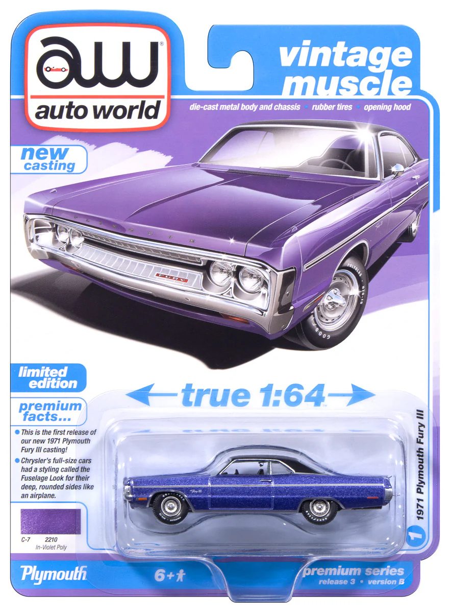 Auto World 1971 Plymouth Fury III (In-Violet) premium 2025 release 3 1:64 Diecast