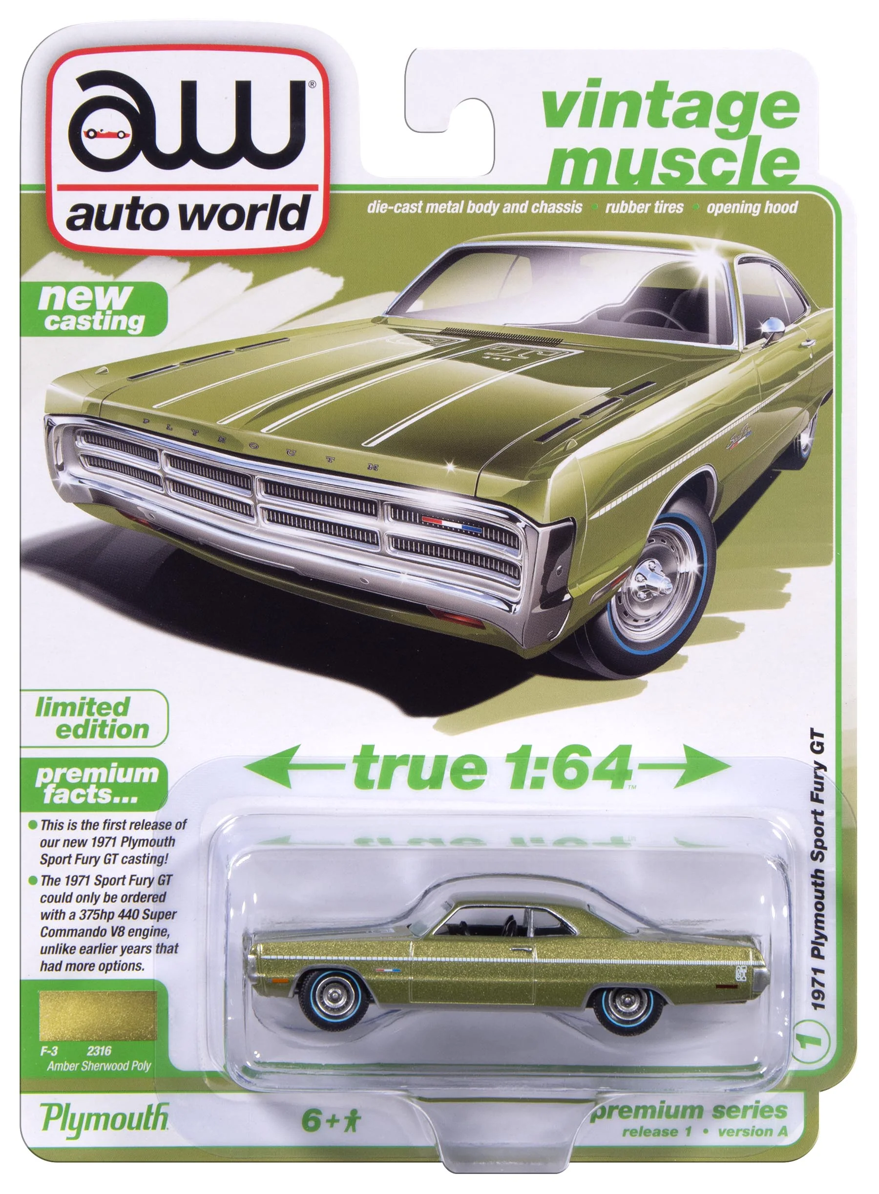 Auto World 1971 Plymouth Sport Fury GT (Amber Sherwood Poly) 1:64 Diecast