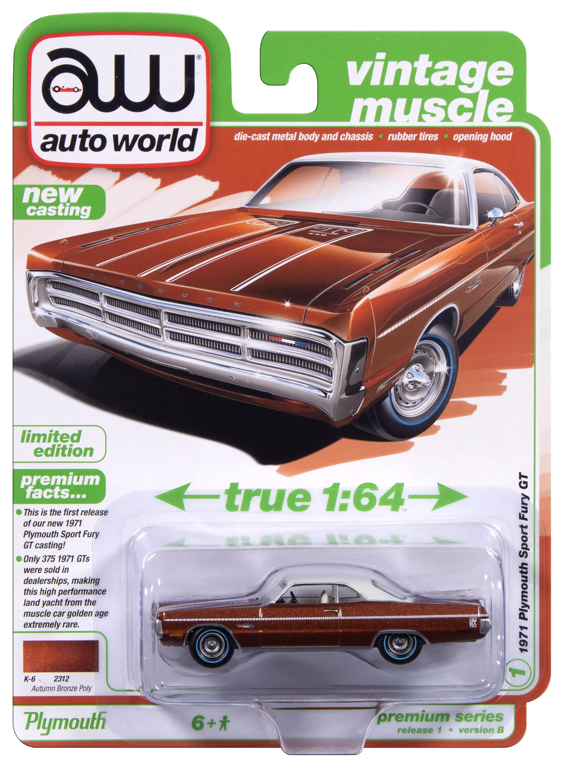 Auto World 1971 Plymouth Sport Fury GT (Autumn Bronze Poly) 1:64 Diecast