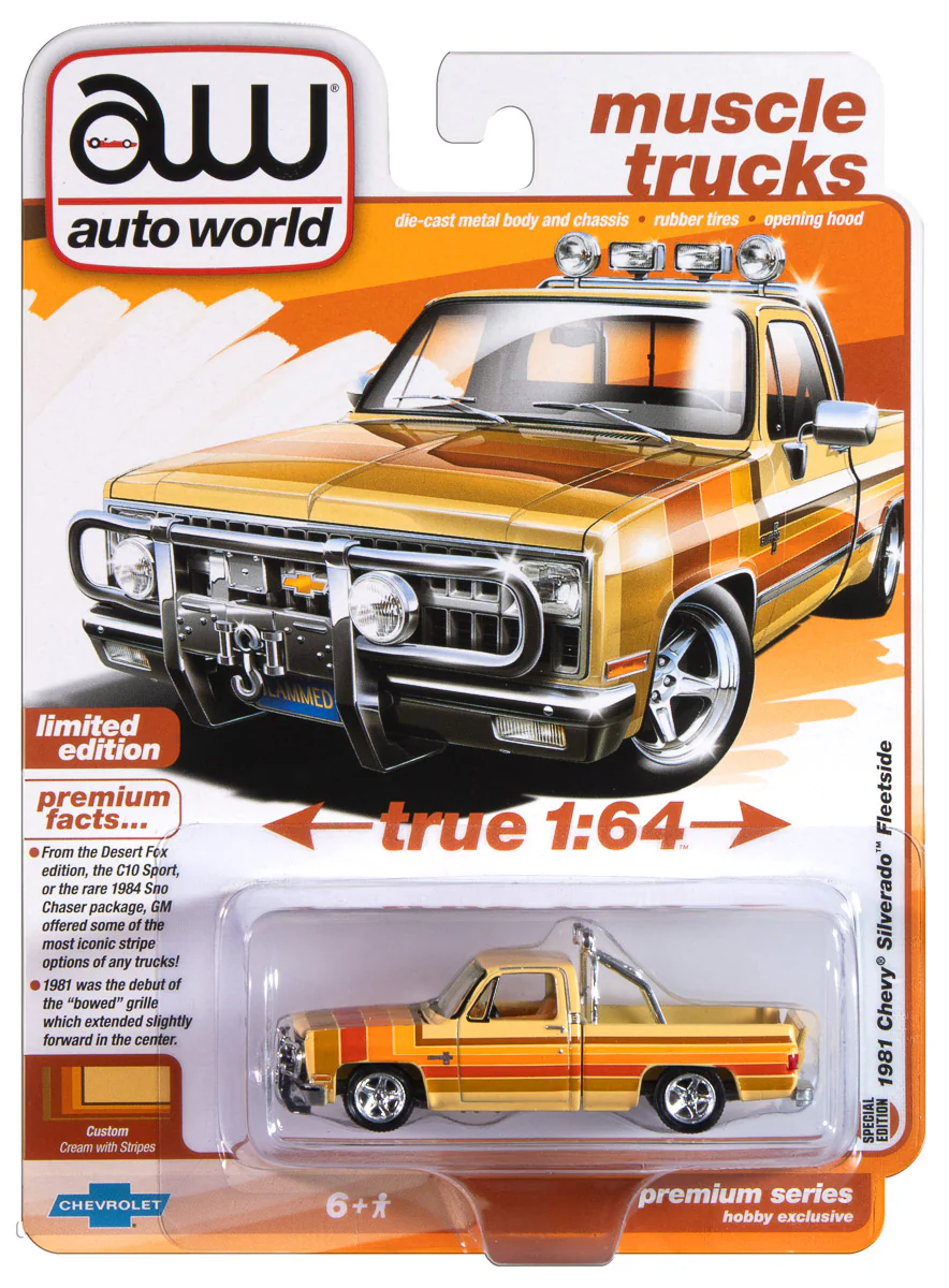 Auto World 1981 Chevy Silverado Fleetside Lowered (Custom Cream w/5-Color Stripe Graphics) 1:64 Diecast
