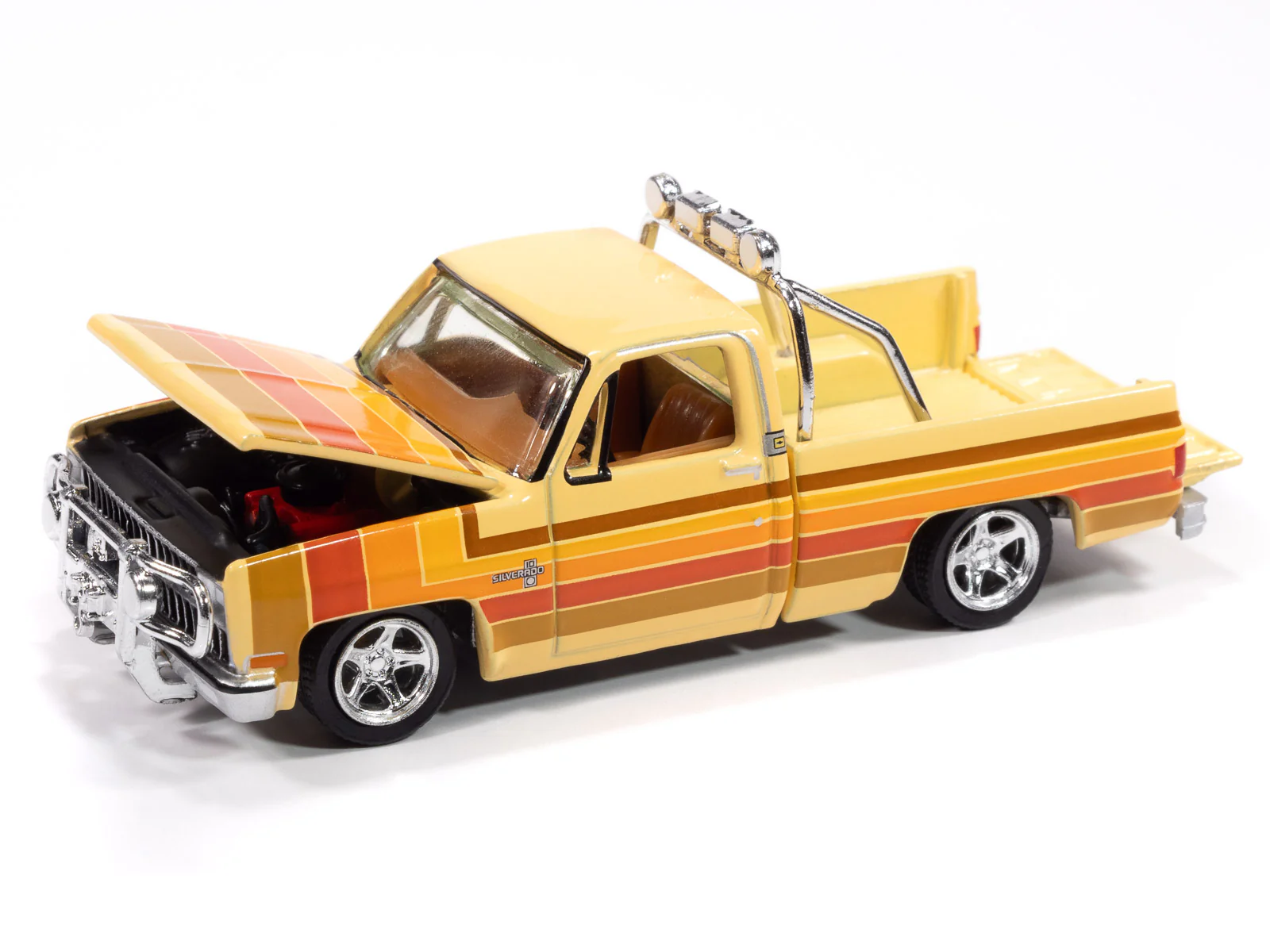 Auto World 1981 Chevy Silverado Fleetside Lowered (Custom Cream w/5-Color Stripe Graphics) 1:64 Diecast - Image 4