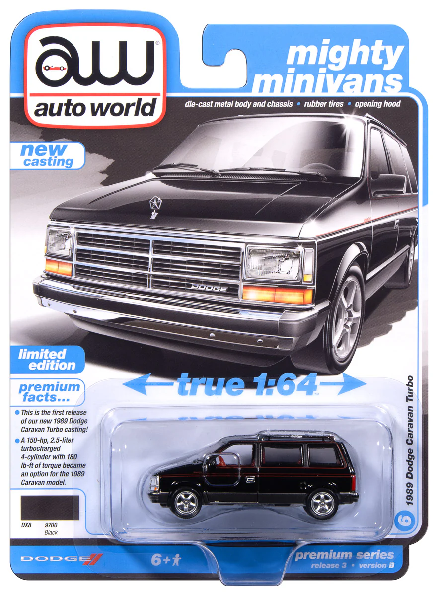 Auto World 1989 Dodge Caravan Turbo (Black w/Dark Quartz Gray Lower & Red Pin Stripe) premium 2025 release 3 1:64 Diecast
