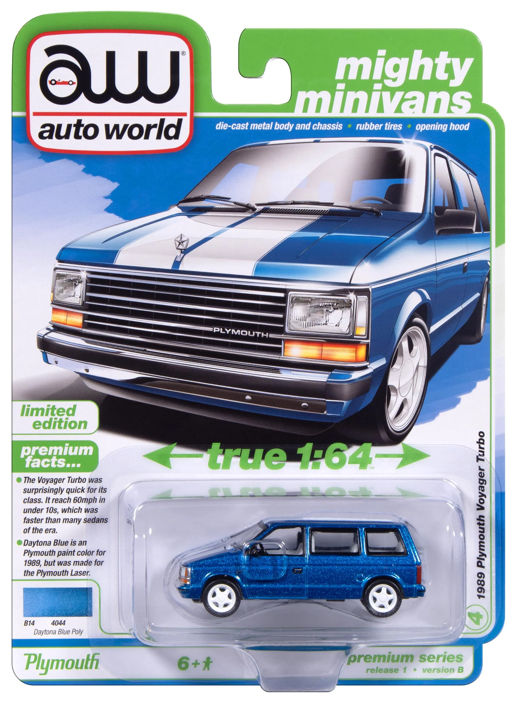 Auto World 1989 Plymouth Voyager Turbo (Daytona Blue) 1:64 Diecast