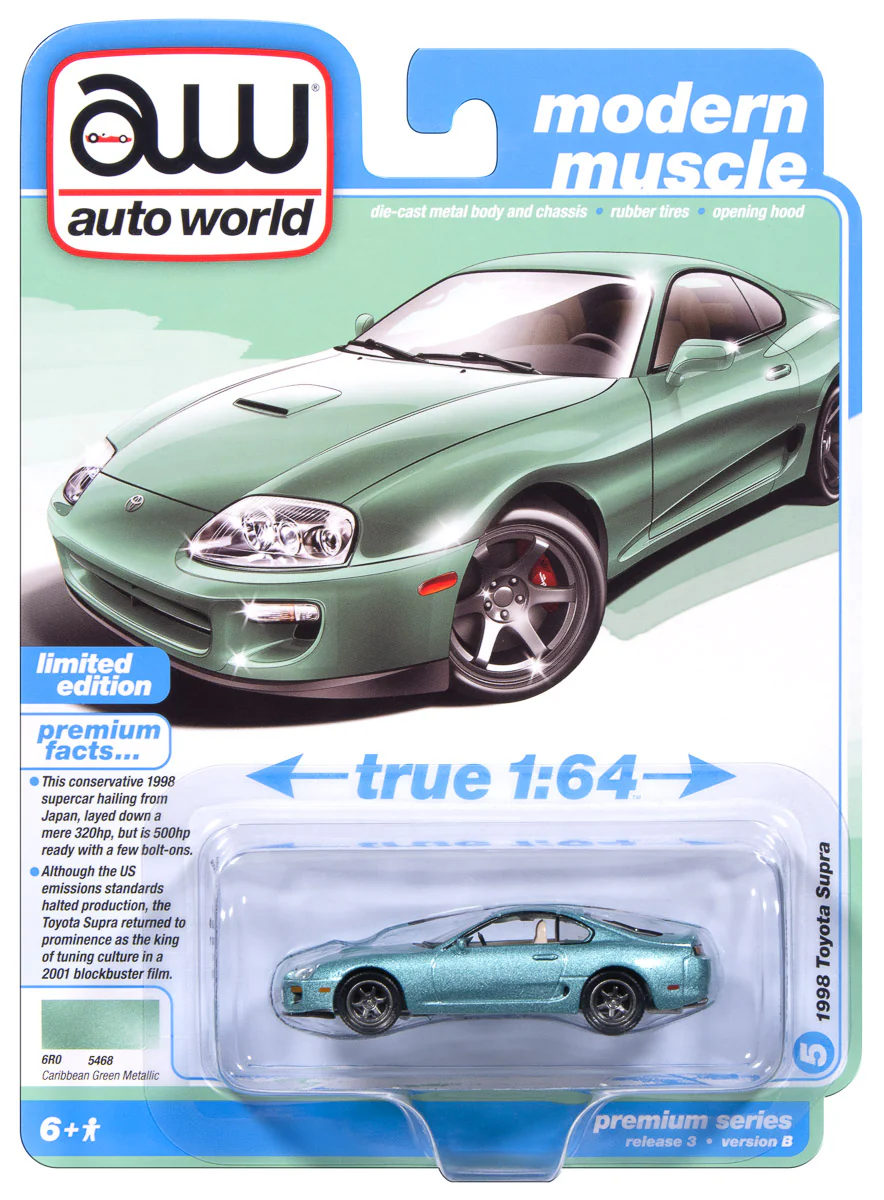 Auto World 1998 Toyota Supra (No Spoiler & Custom Wheels) (Caribbean Green) premium 2025 release 3 1:64 Diecast