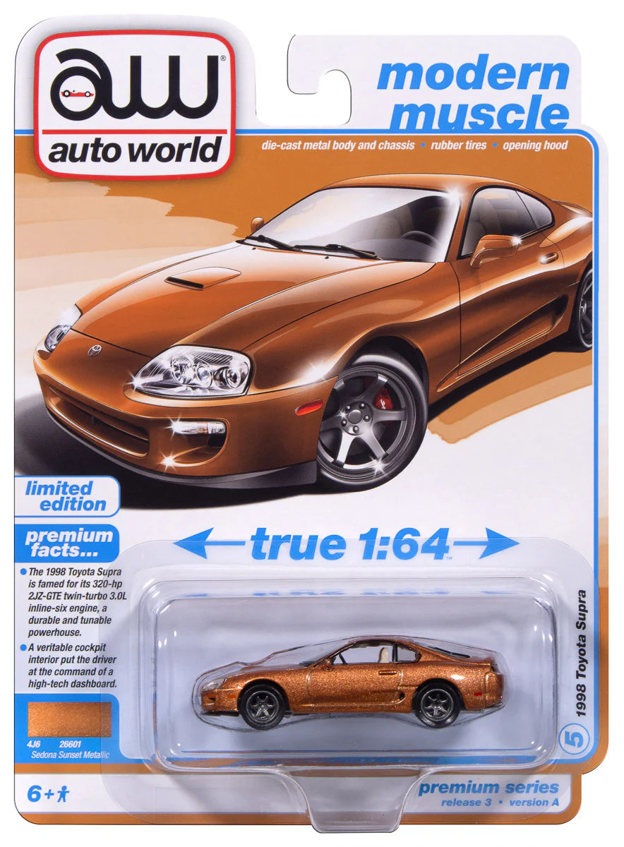 Auto World 1998 Toyota Supra (No Spoiler & Custom Wheels) (Sedona Sunset Metallic) premium 2025 release 3 1:64 Diecast