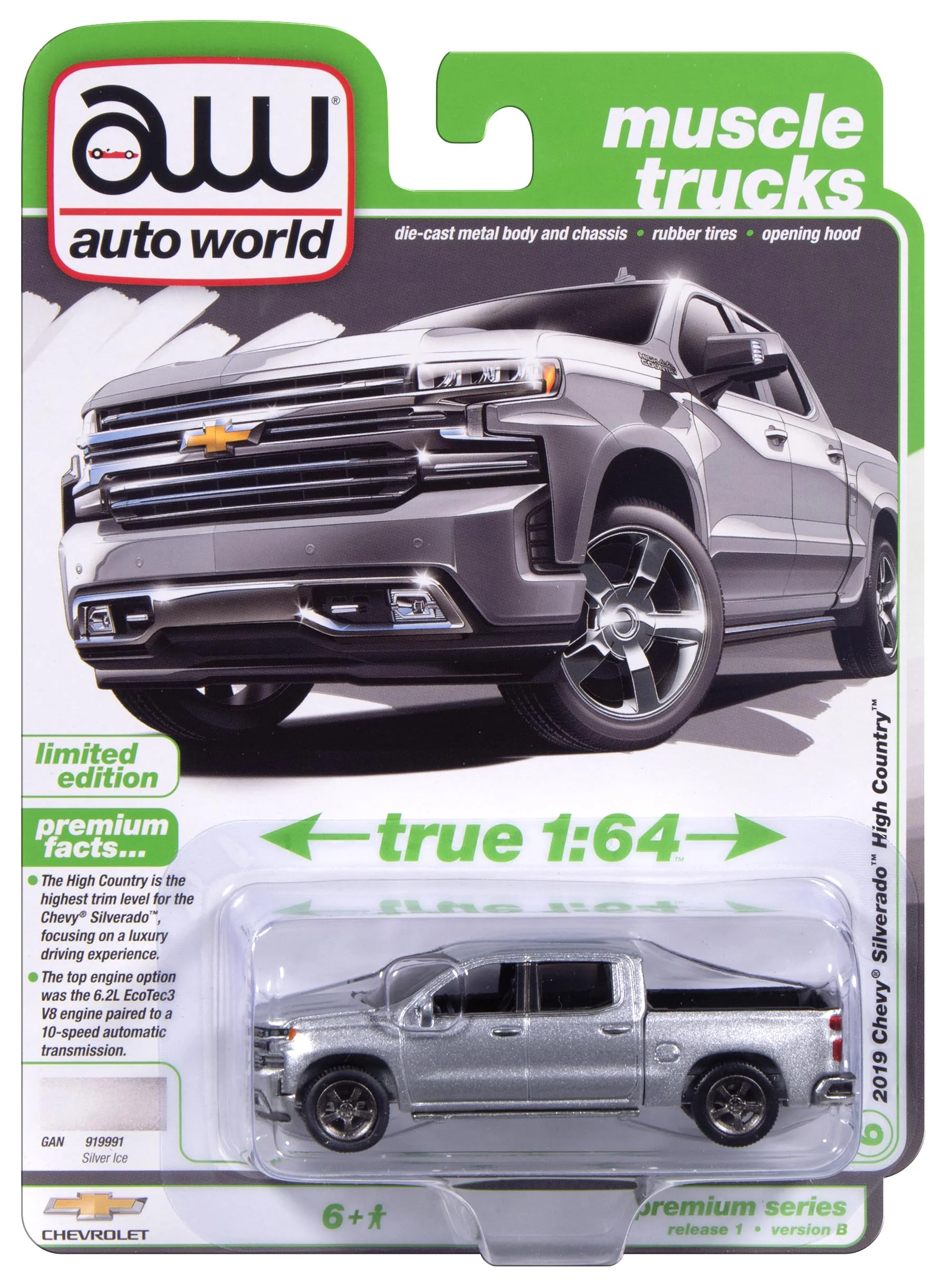 Auto World 2019 Chevy Silverado High Country (Silver Ice) 1:64 Diecast