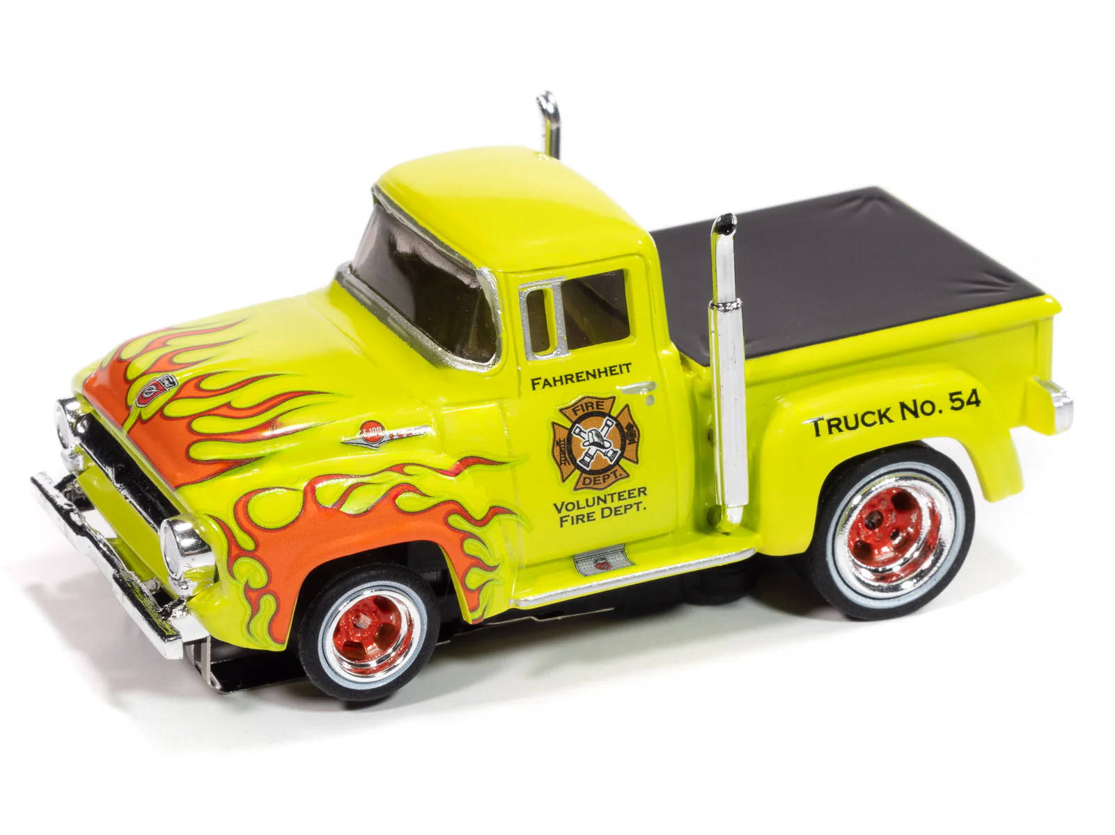 Auto World 4Gear 1956 Ford F100 Volunteer Fire Dept (Green w/ Orange Flames) HO Scale Slot Car - Image 2