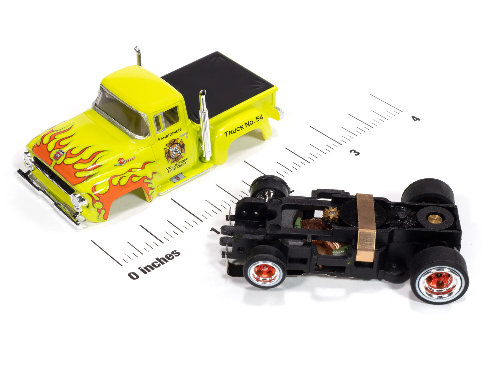 Auto World 4Gear 1956 Ford F100 Volunteer Fire Dept (Green w/ Orange Flames) HO Scale Slot Car - Image 3