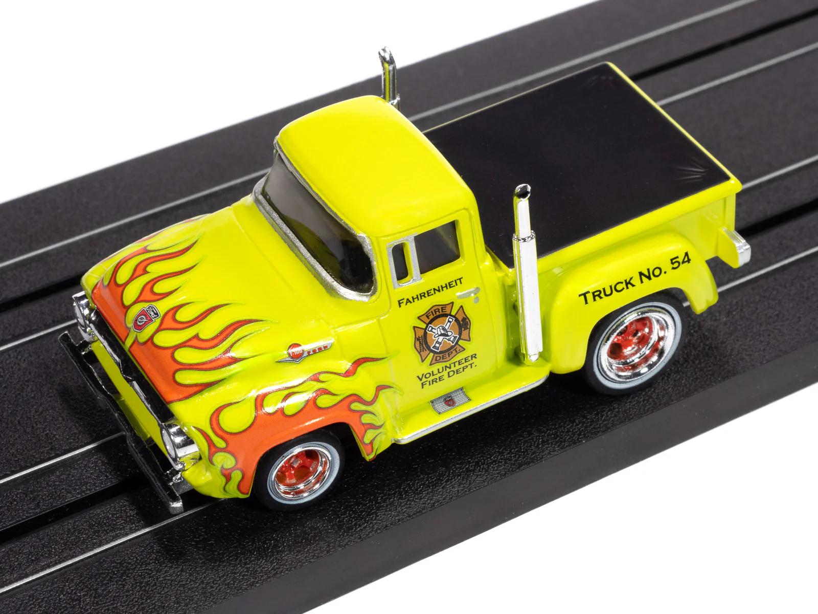 Auto World 4Gear 1956 Ford F100 Volunteer Fire Dept (Green w/ Orange Flames) HO Scale Slot Car - Image 4