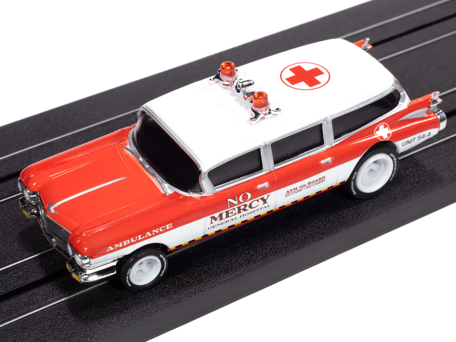 Auto World 4Gear 1959 Cadillac Ambulance (Red & White) HO Scale Slot Car - Image 4