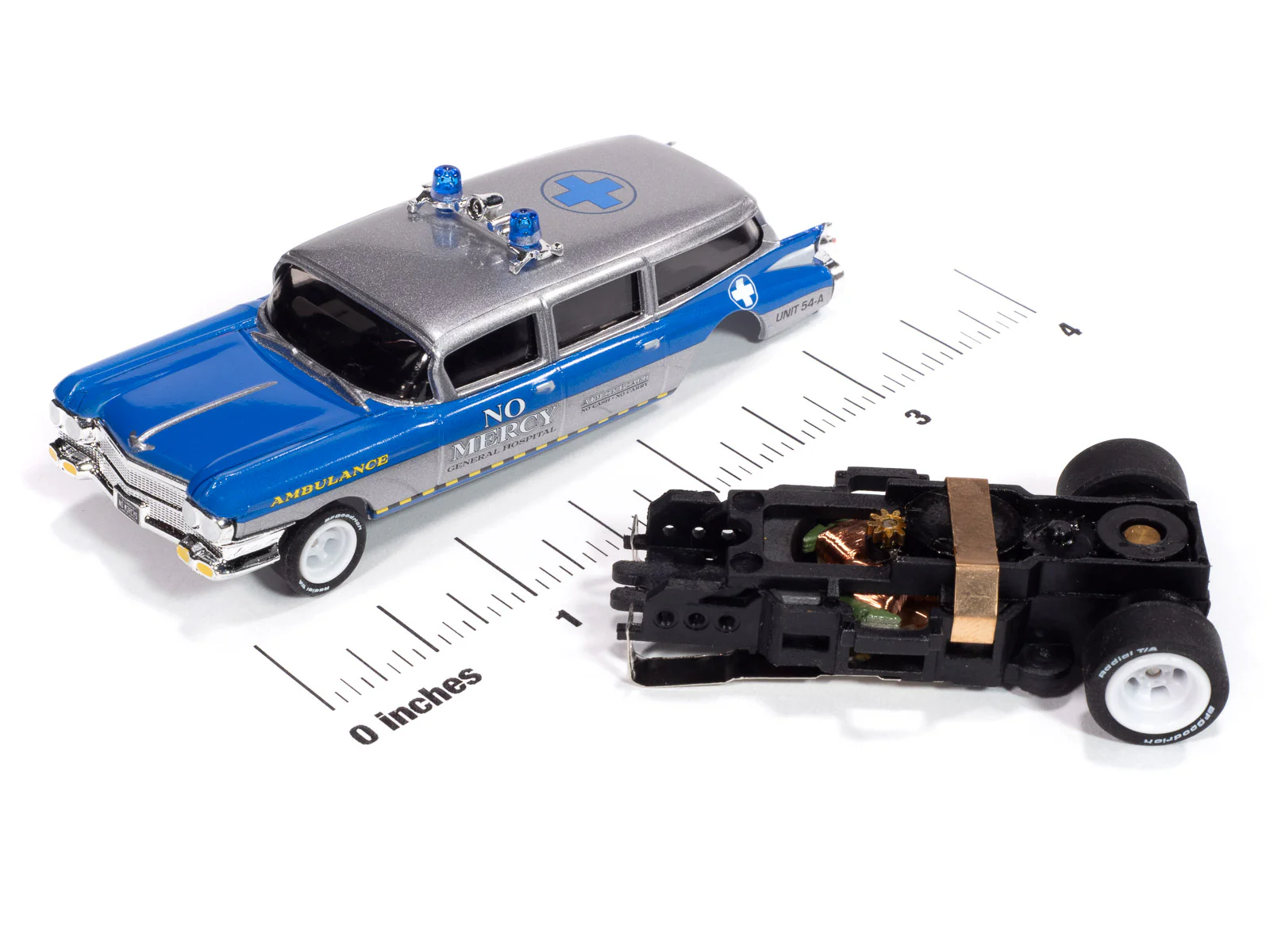 Auto World 4Gear 1959 Cadillac Ambulance (Silver & Blue) HO Scale Slot Car - Image 3