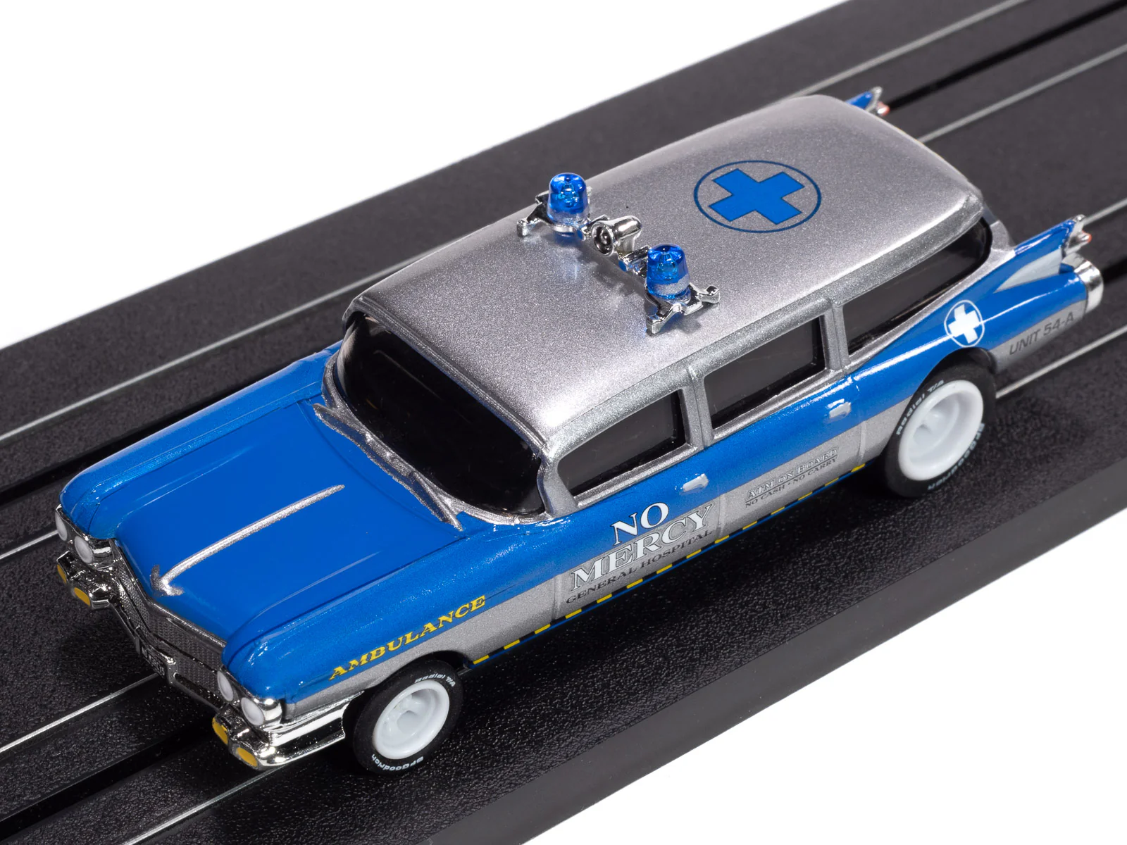 Auto World 4Gear 1959 Cadillac Ambulance (Silver & Blue) HO Scale Slot Car - Image 4