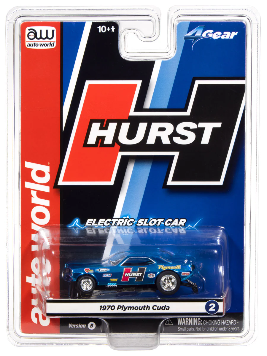 Auto World 4Gear 1970 Plymouth Barracuda Drag Hurst Shifters (Blue) HO Scale Slot Car