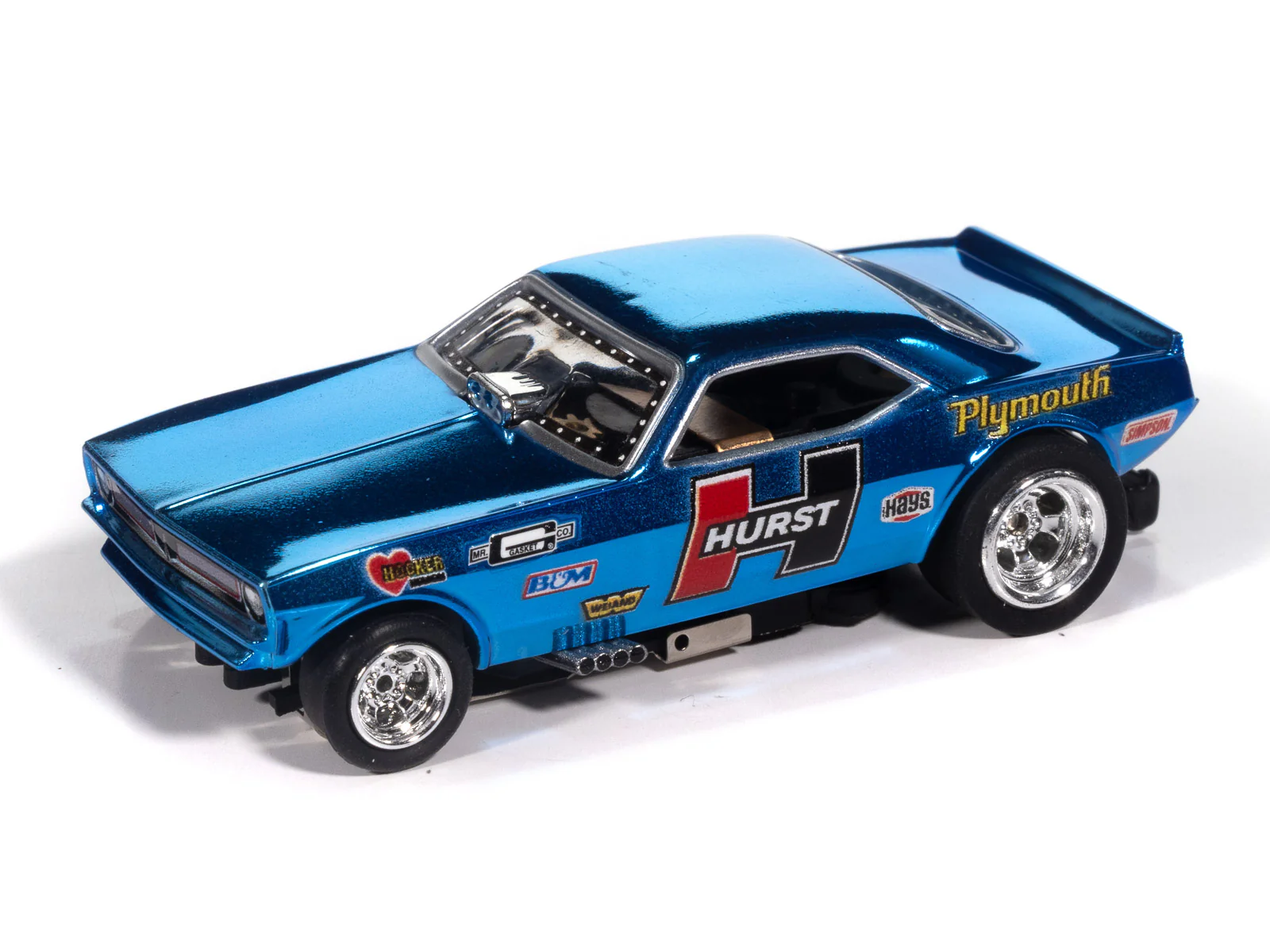 Auto World 4Gear 1970 Plymouth Barracuda Drag Hurst Shifters (Blue) HO Scale Slot Car - Image 2