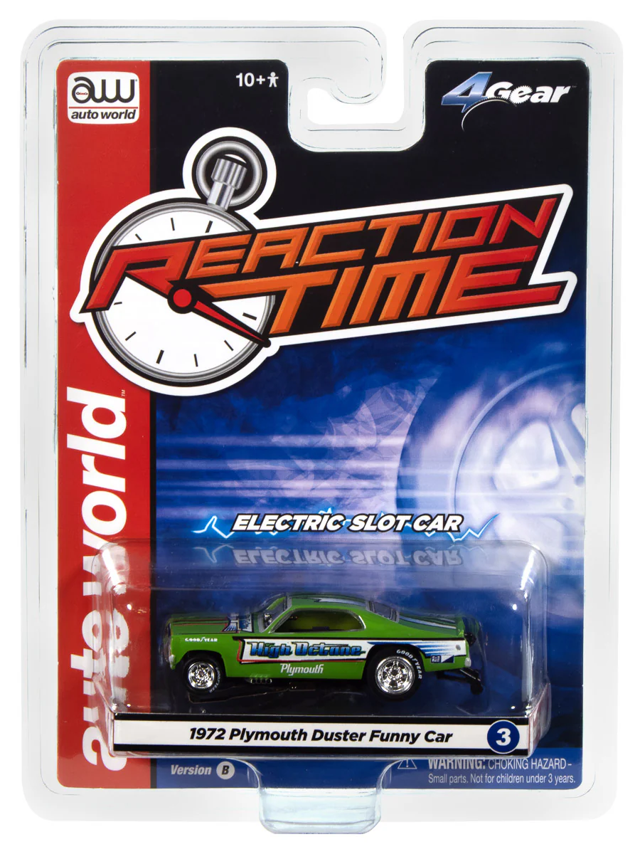 Auto World 4Gear 1972 Plymouth Duster High Octane FC (Green, Blue, White, Black & Red) HO Scale Slot Car