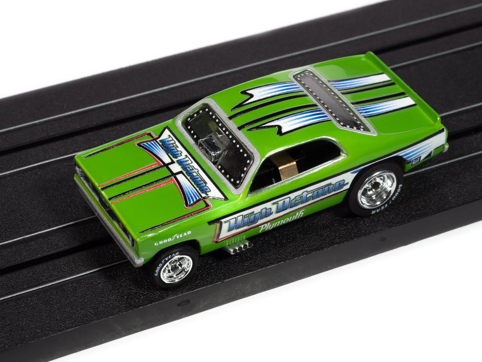 Auto World 4Gear 1972 Plymouth Duster High Octane FC (Green, Blue, White, Black & Red) HO Scale Slot Car - Image 4