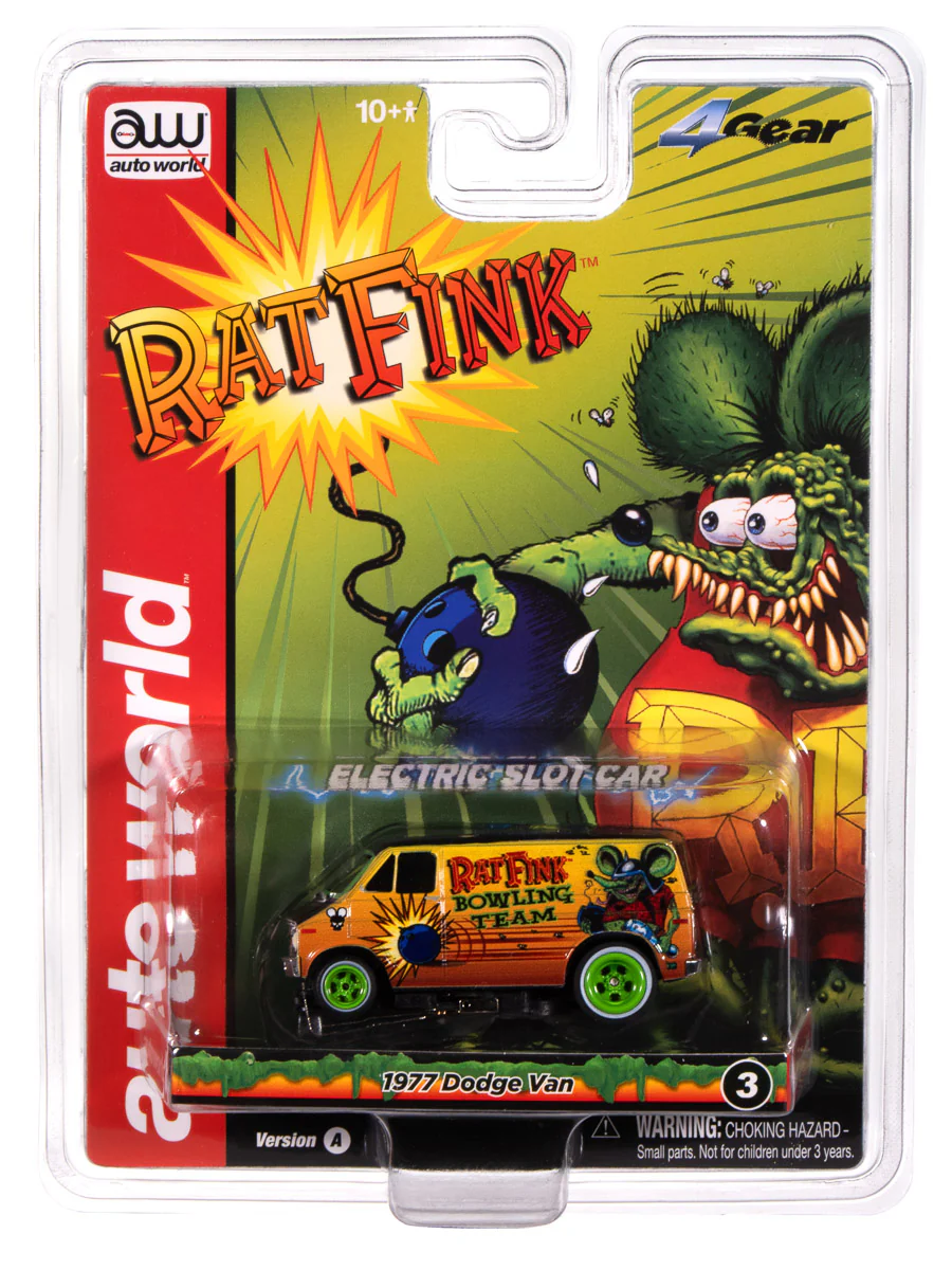 Auto World 4Gear 1977 Dodge Van Rat Fink Flat (Black & Yellow) HO Scale Slot Car