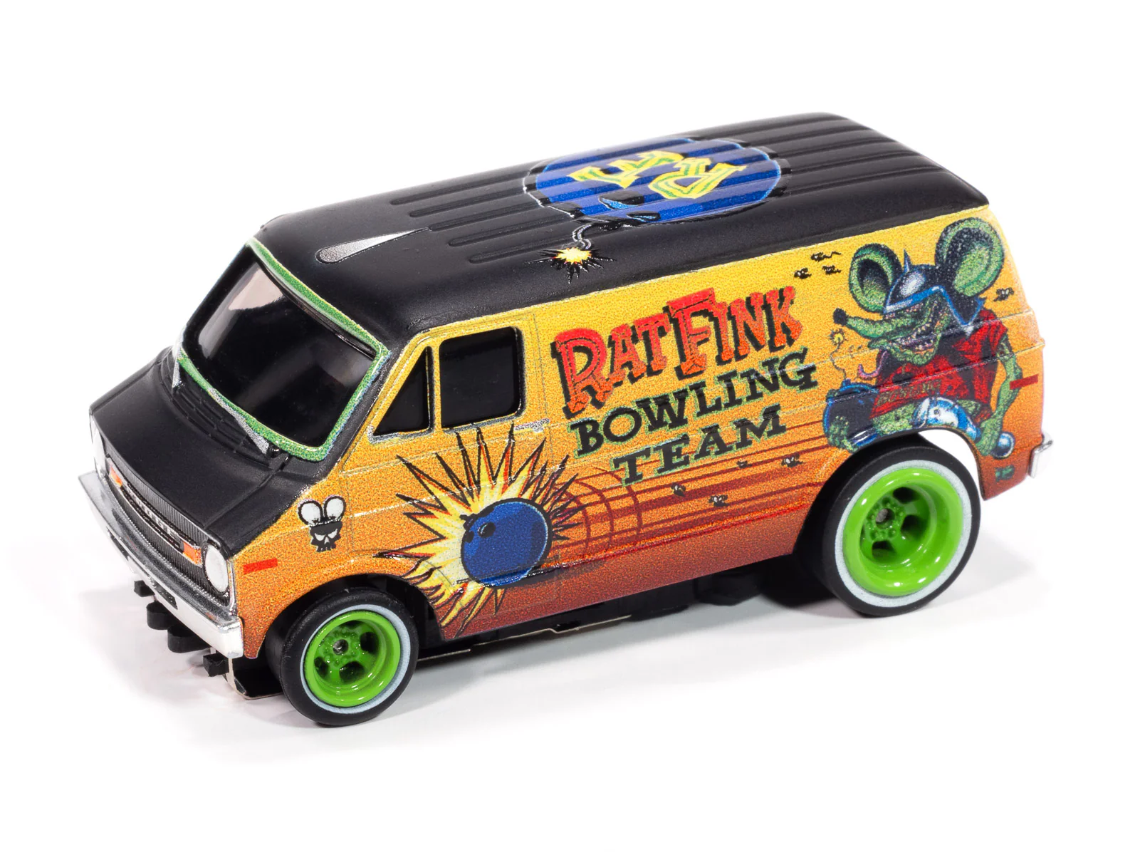 Auto World 4Gear 1977 Dodge Van Rat Fink Flat (Black & Yellow) HO Scale Slot Car - Image 2