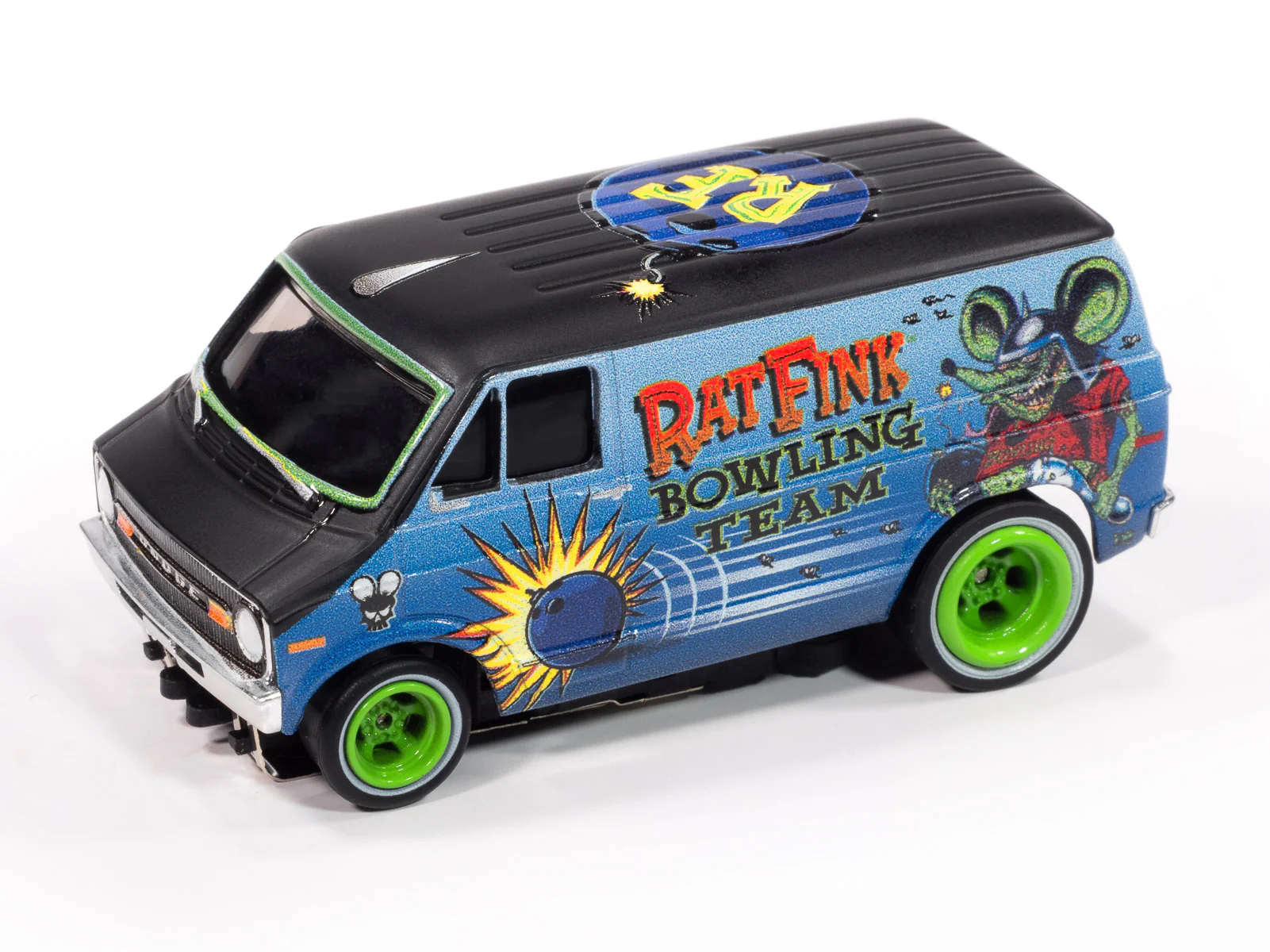 Auto World 4Gear 1977 Dodge Van Rat Fink Flat (Flat Black & Blue) HO Scale Slot Car - Image 2